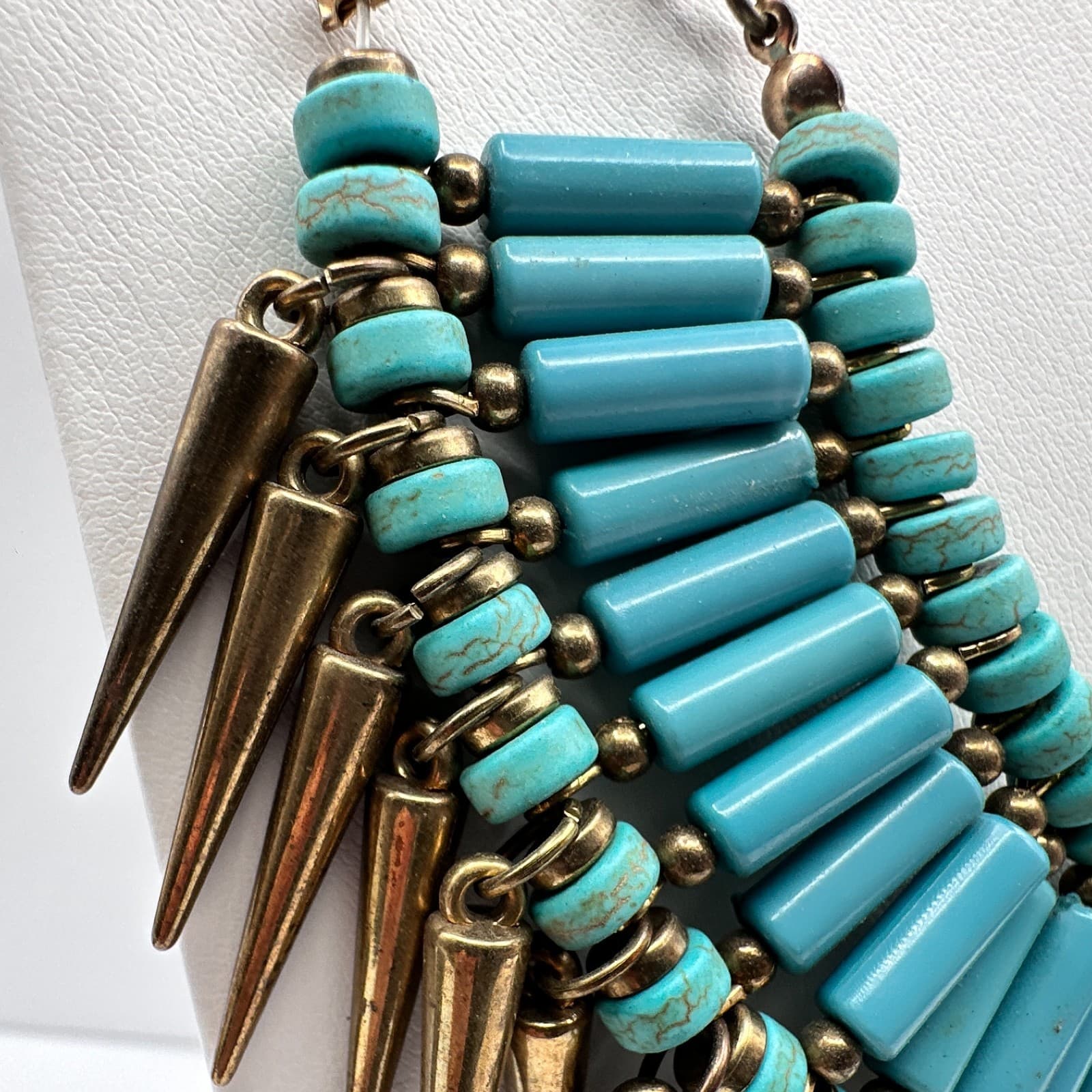 Vintage Y2K Turquoise Blue Beaded Bib Necklace Gold Spike Statement Jewelry - Thumbnail 4
