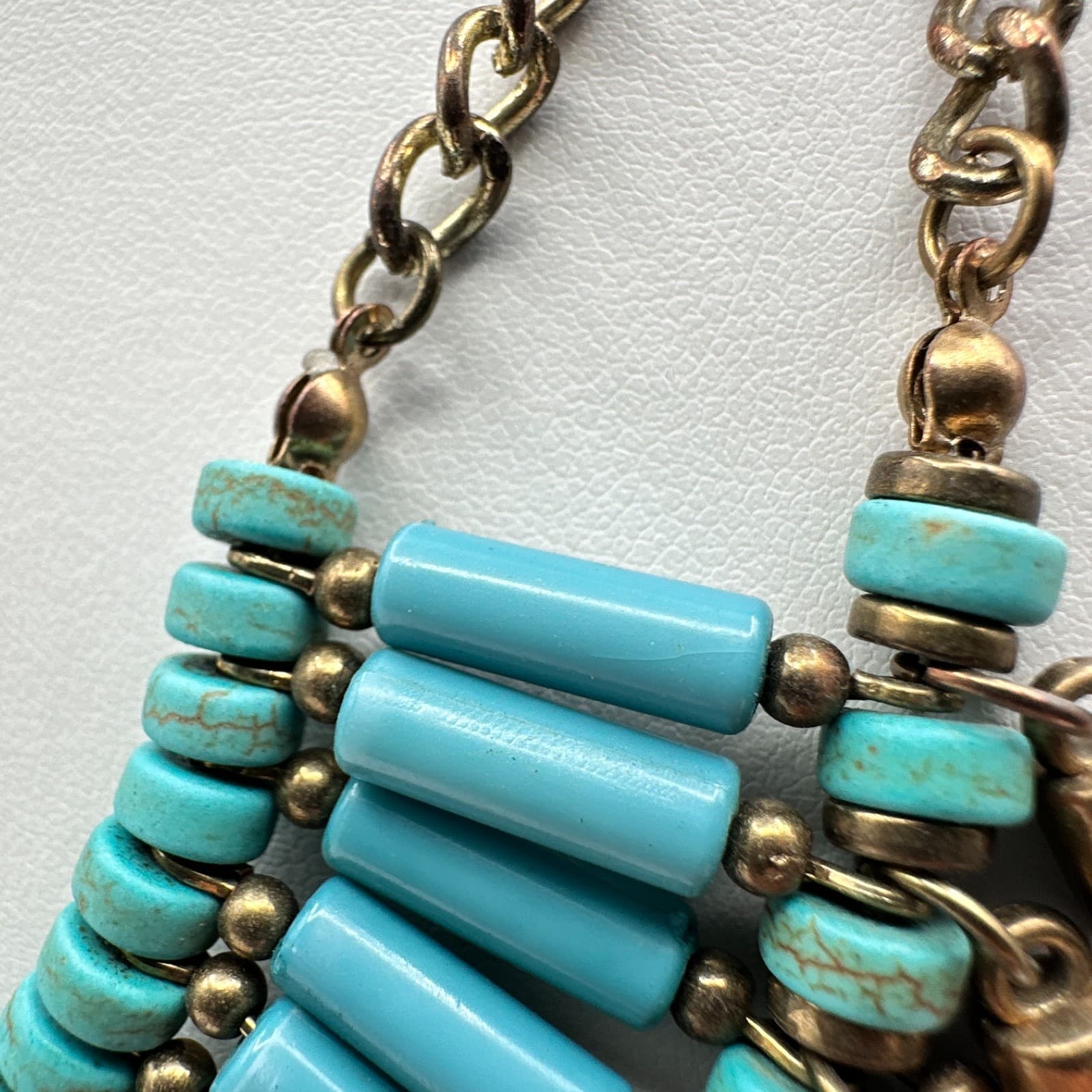 Vintage Y2K Turquoise Blue Beaded Bib Necklace Gold Spike Statement Jewelry - Thumbnail 9