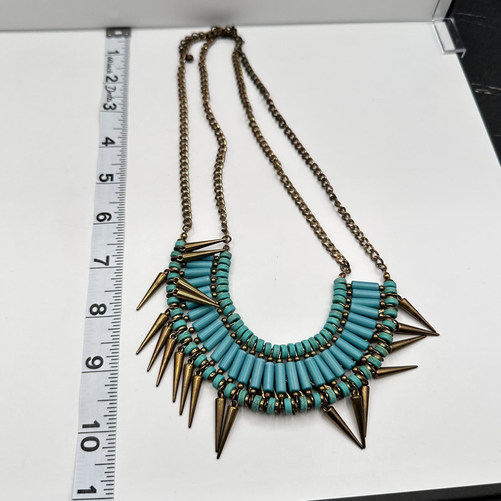 Vintage Y2K Turquoise Blue Beaded Bib Necklace Gold Spike Statement Jewelry - Thumbnail 12