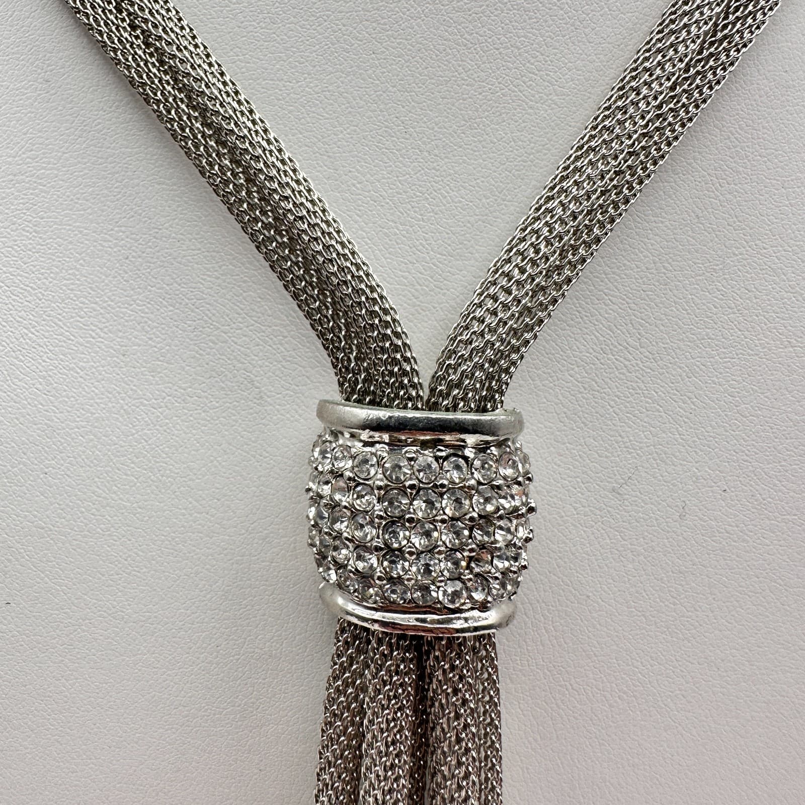 Vintage 90s Y2K Silver Tone Mesh Lariat Tassel Necklace Teardrop Glass Jewelry - Thumbnail 2