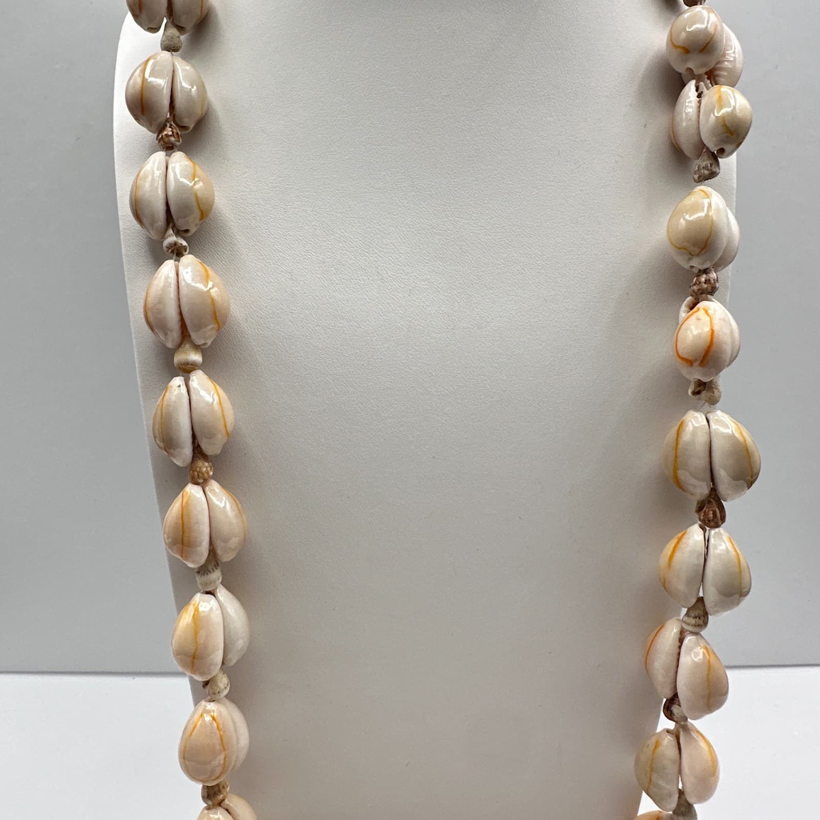 Vintage 90s Cowrie Shell Necklace Boho Beach Jewelry Cream & Orange Stripe Retro - Image 1