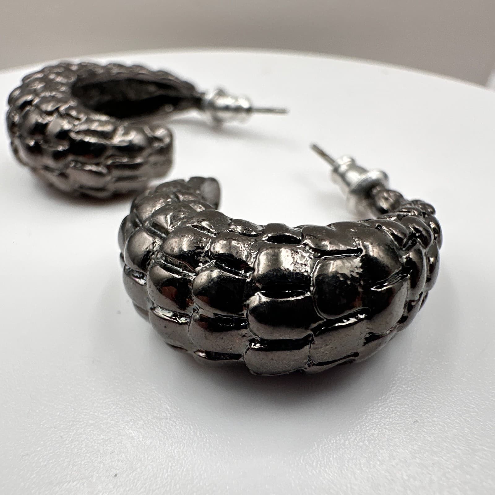 Vintage 90s Black Enamel Rhinestone Jewelry Set Silver-Tone Chunky Retro Hoop - Thumbnail 11