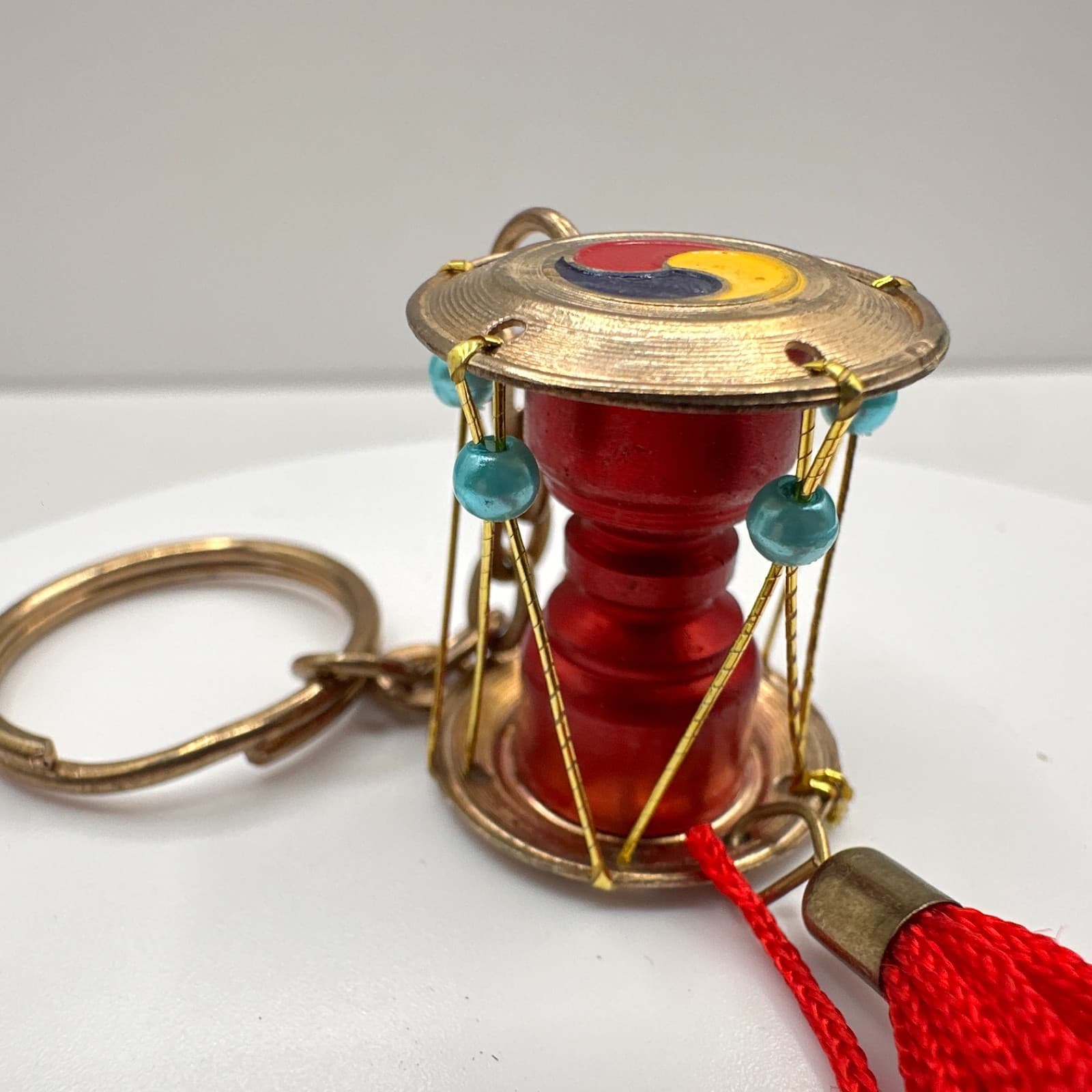 Vintage 90s Korean Janggu Drum Keychain Red Tassel Blue Bead Traditional Style - Thumbnail 2