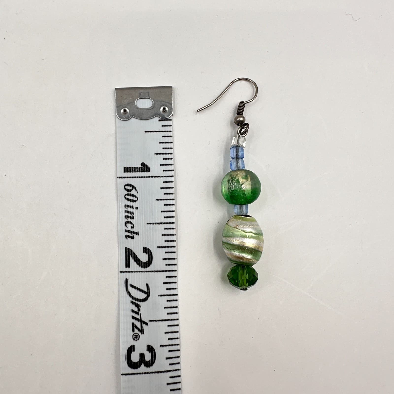 Vintage 90s Green Art Glass Foil Bead Silver Tone Dangle Earrings Boho Jewelry - Thumbnail 9