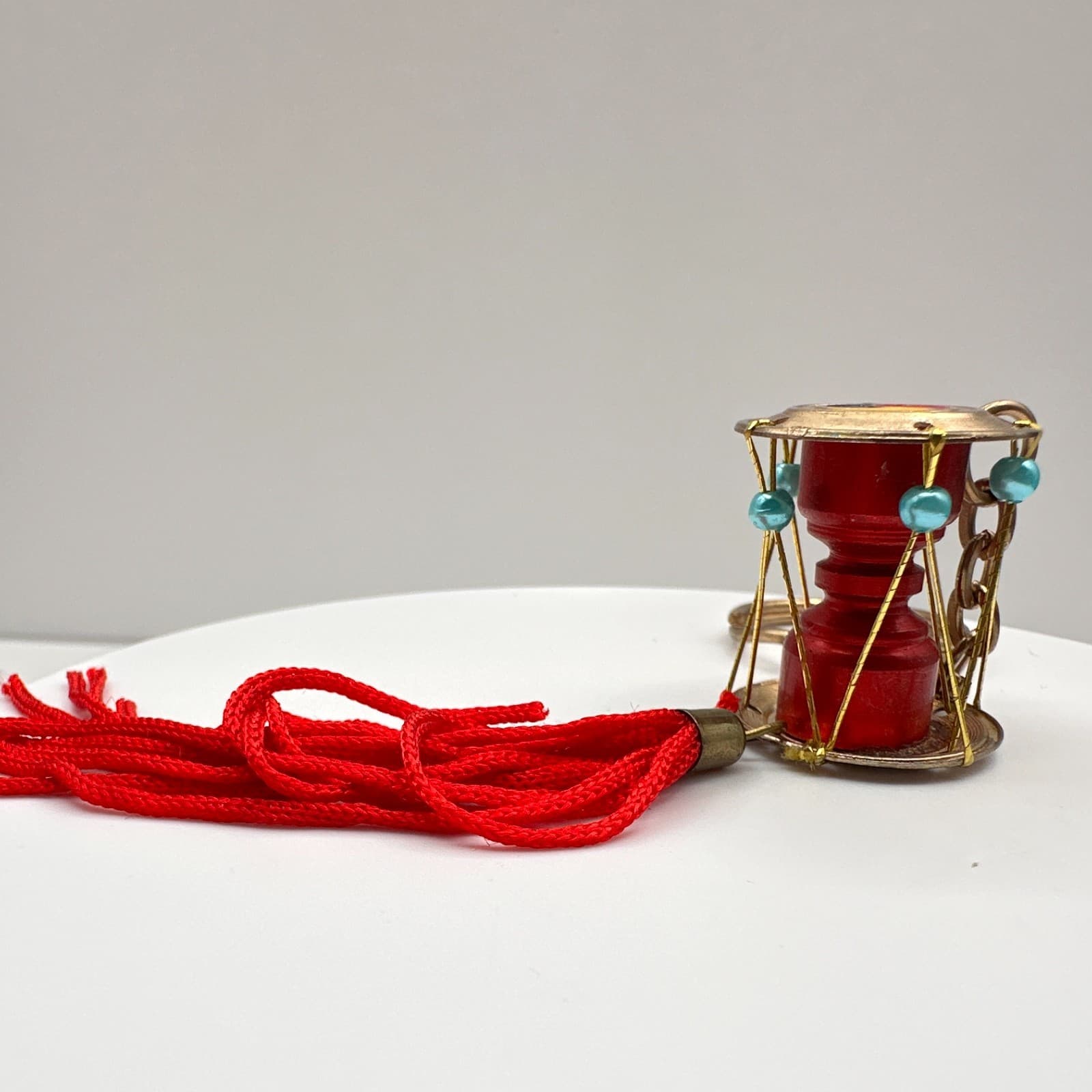 Vintage 90s Korean Janggu Drum Keychain Red Tassel Blue Bead Traditional Style - Thumbnail 9