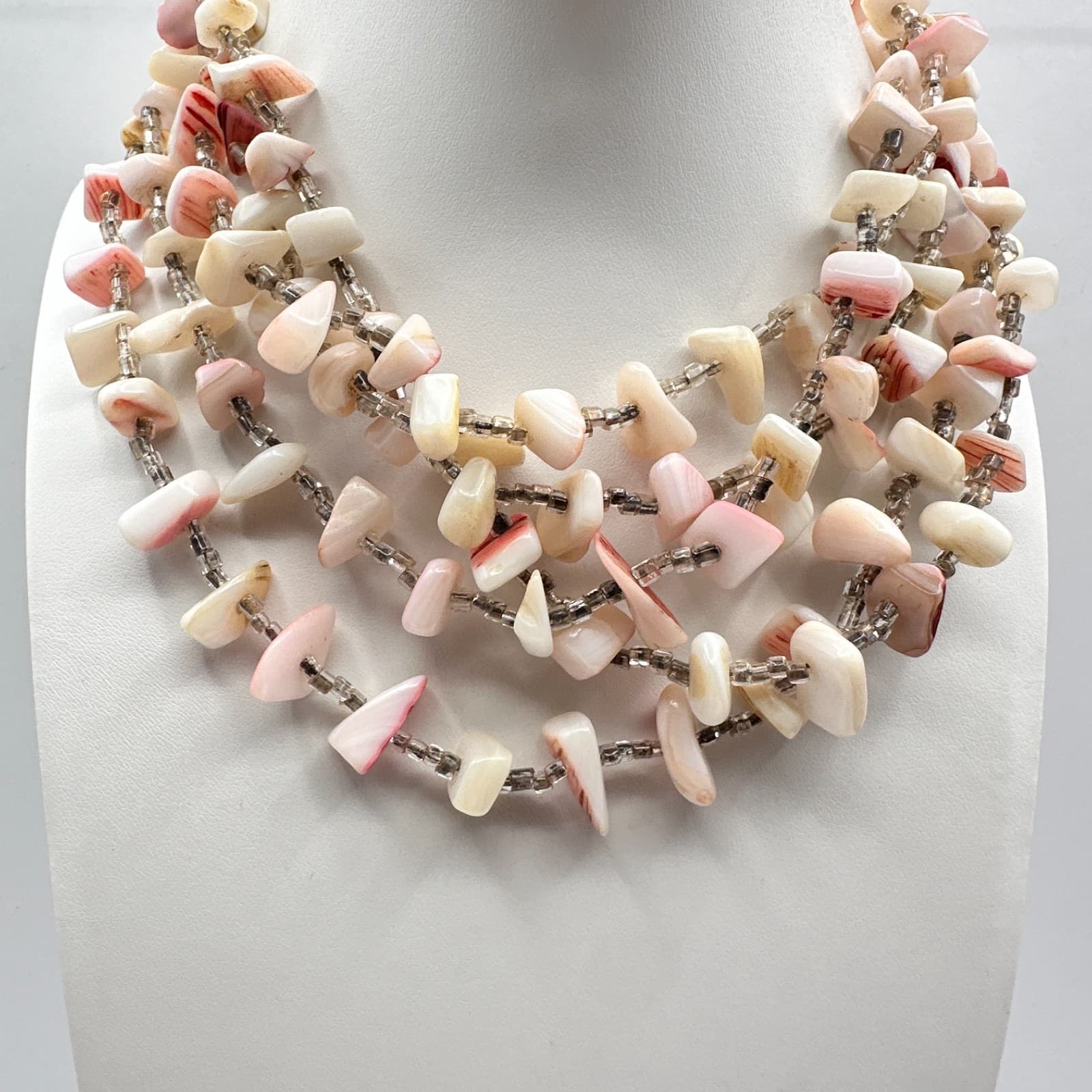Vintage 90s Pink White Shell Beads Multi Strand Necklace Boho Beach Jewelry - Image 1