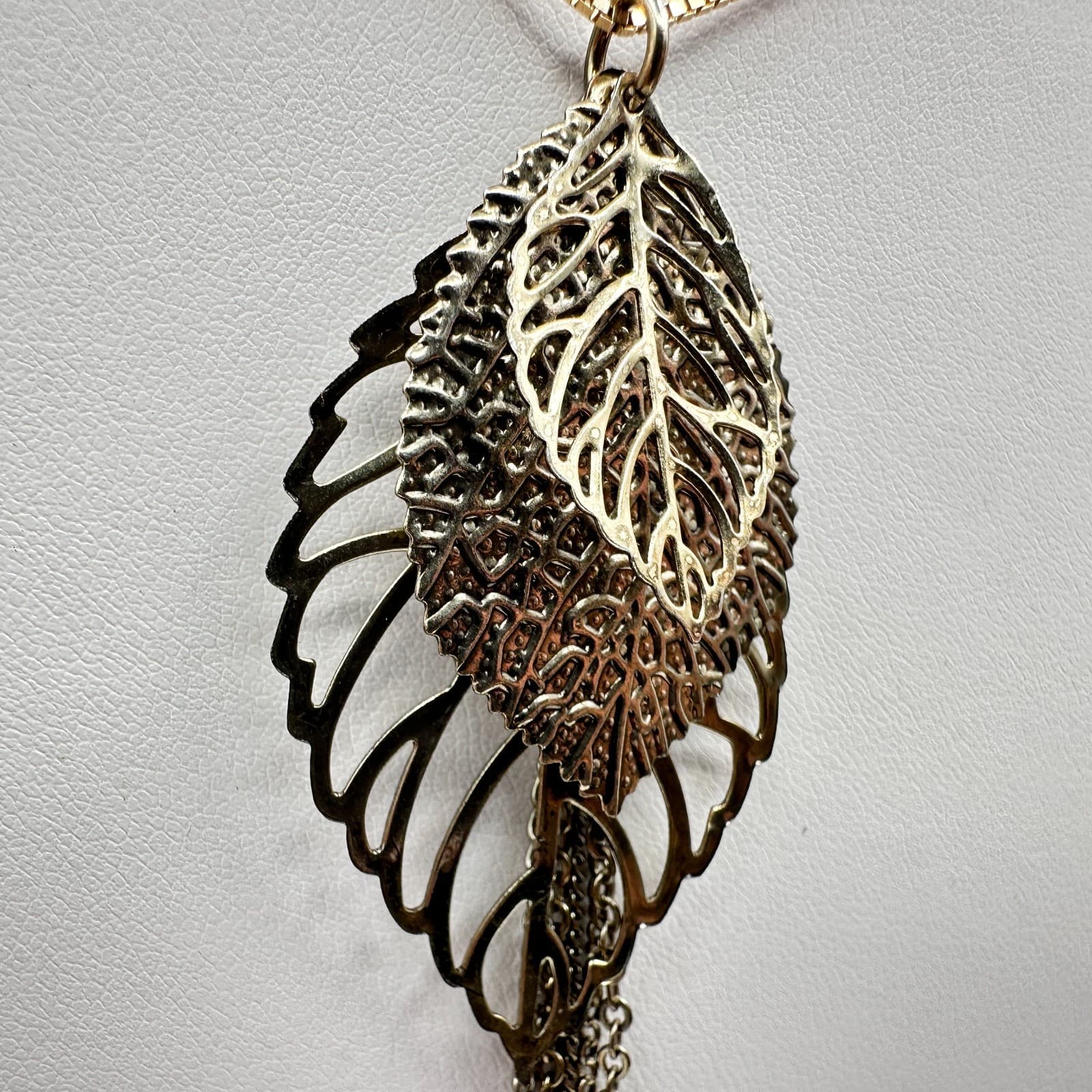Vintage 90s Gold Tone Leaf Tassel Necklace Box Chain Boho Statement Pendant - Thumbnail 6