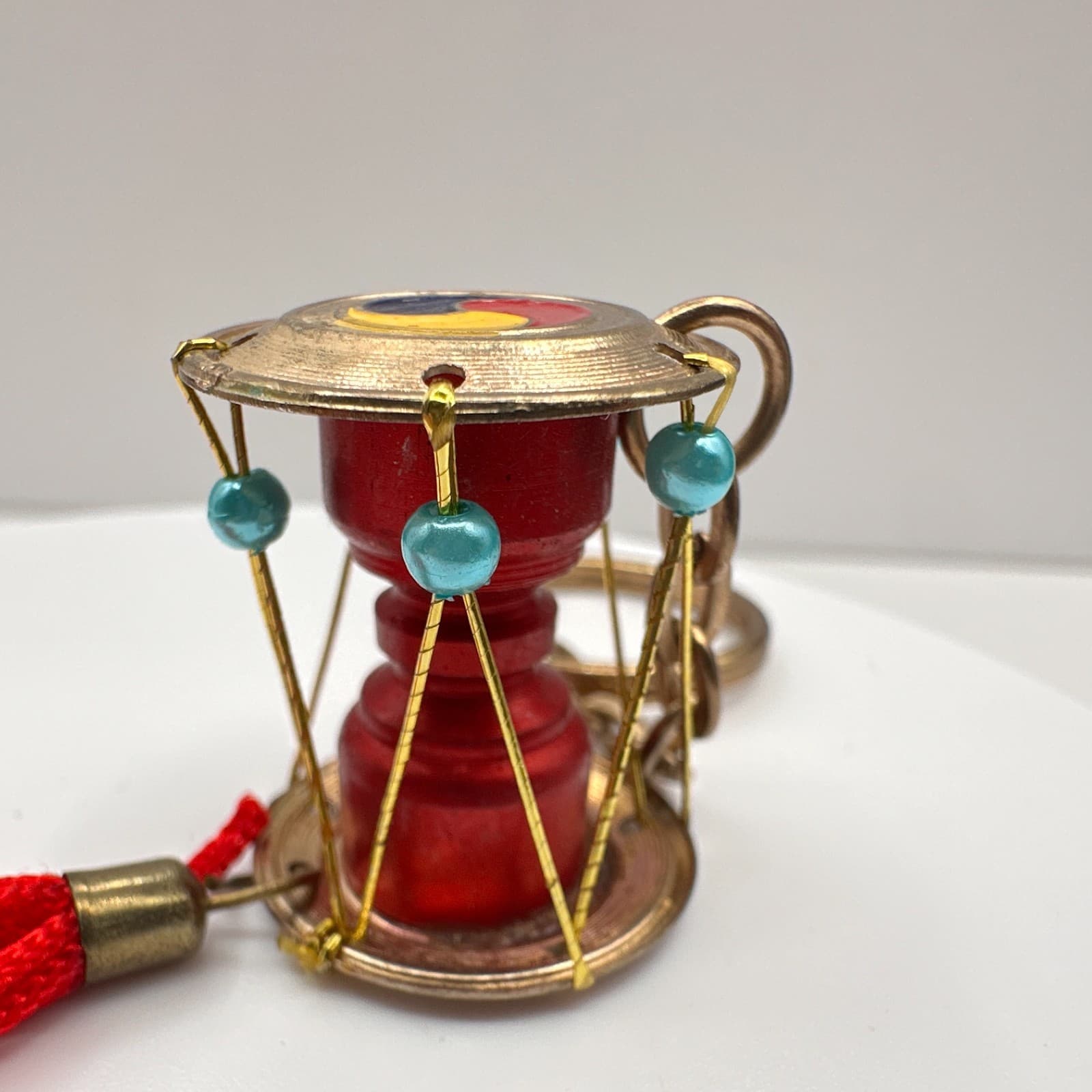 Vintage 90s Korean Janggu Drum Keychain Red Tassel Blue Bead Traditional Style - Thumbnail 5