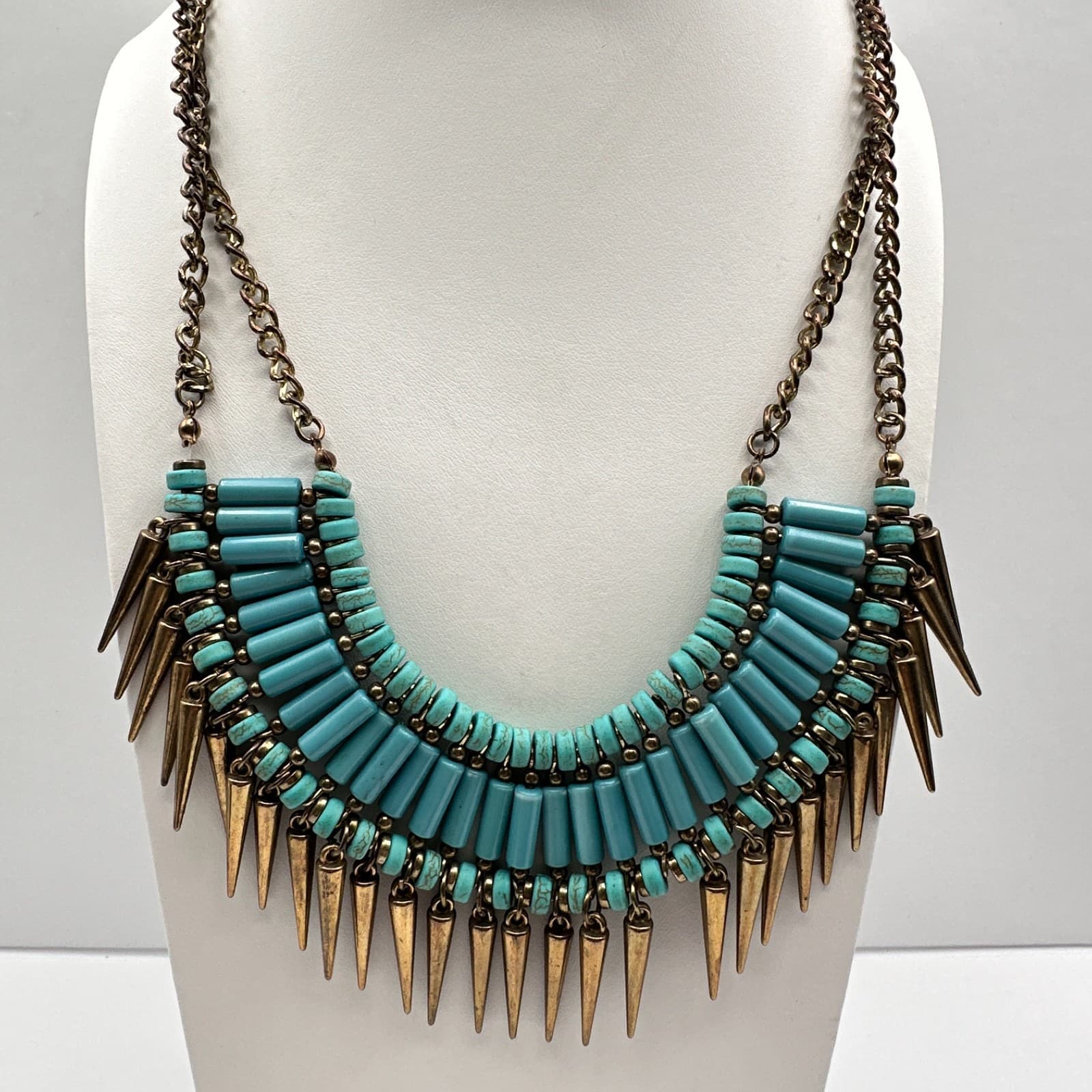 Vintage Y2K Turquoise Blue Beaded Bib Necklace Gold Spike Statement Jewelry - Image 1