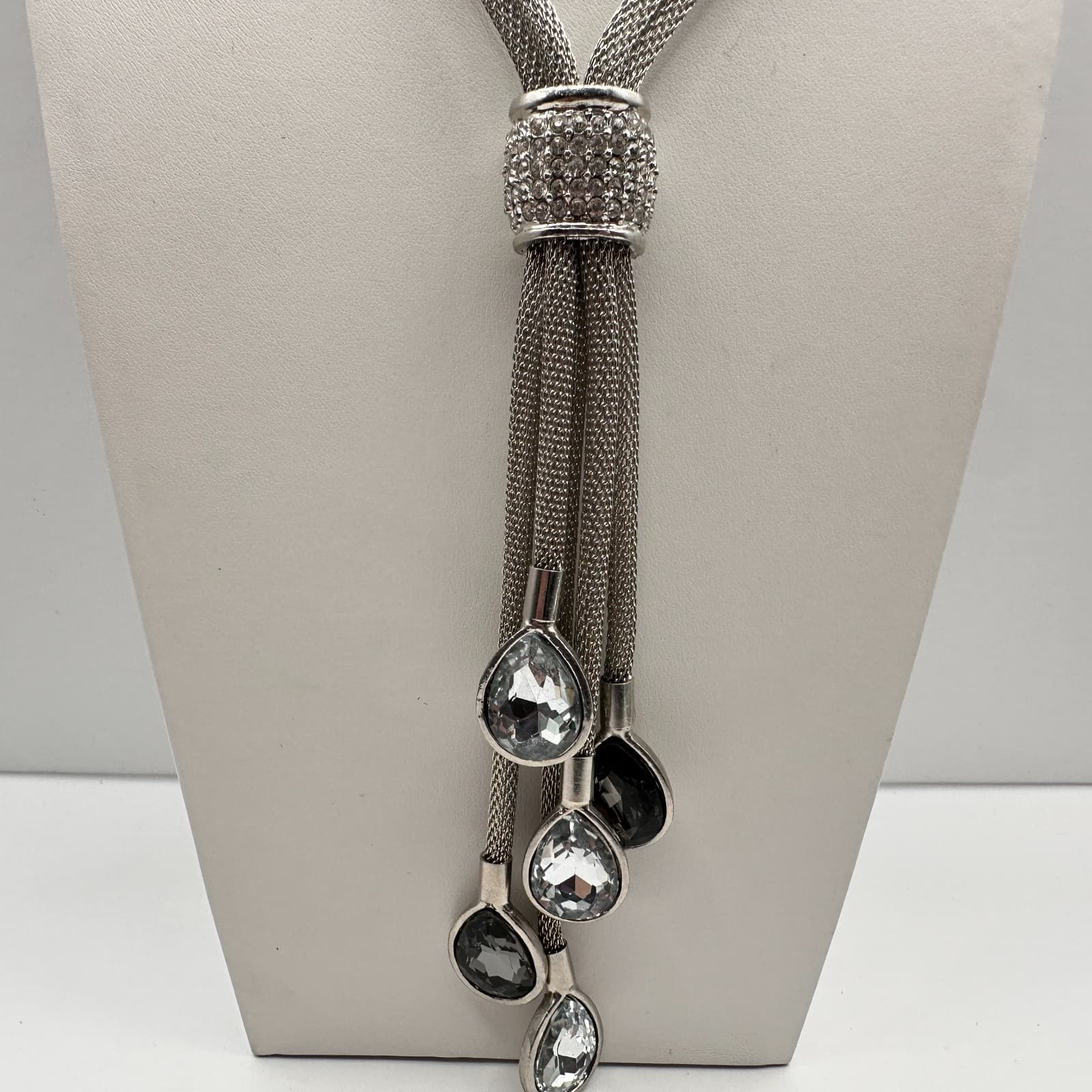 Vintage 90s Y2K Silver Tone Mesh Lariat Tassel Necklace Teardrop Glass Jewelry - Thumbnail 12