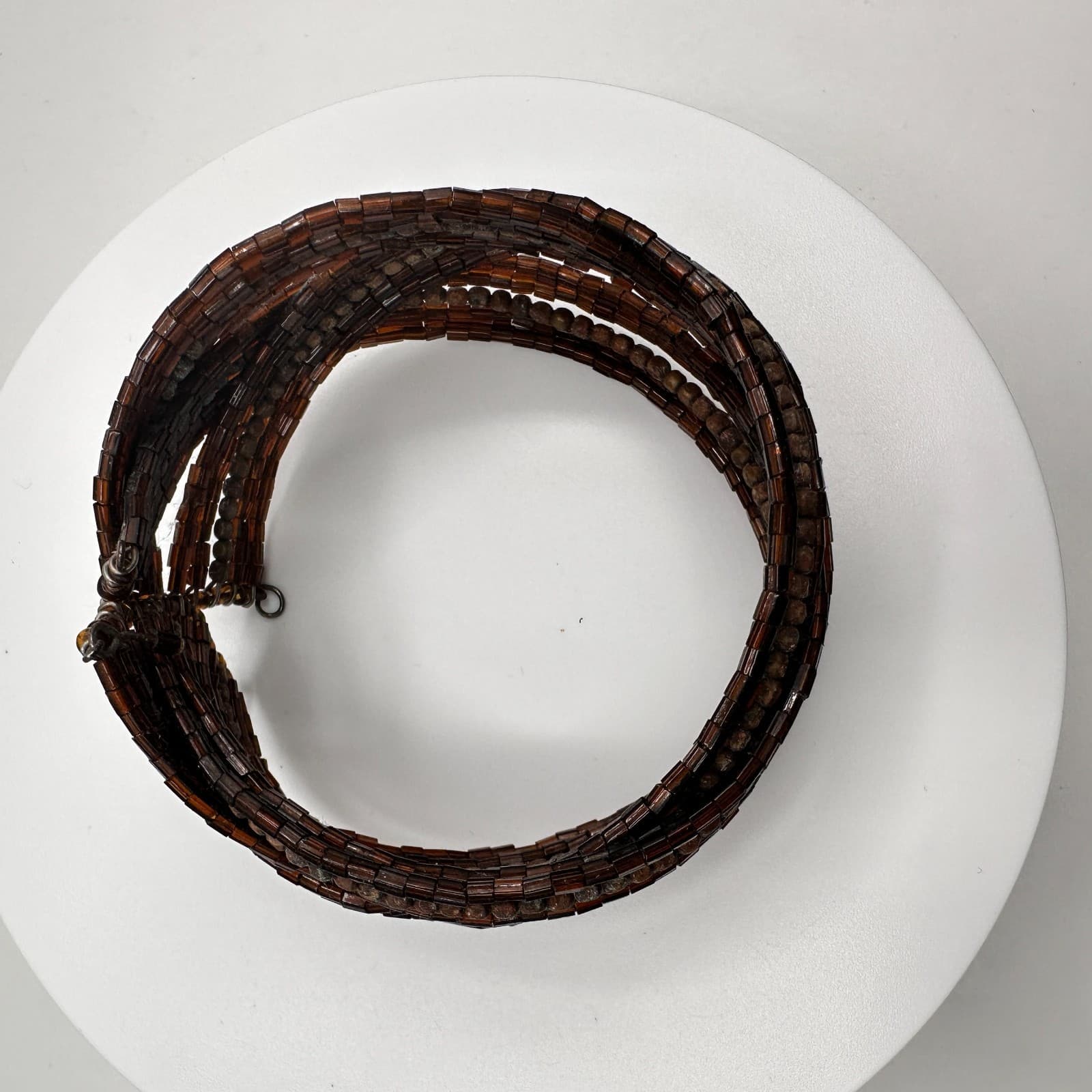 Vintage 90s Beaded Multi-Strand Cuff Bracelet Brown Seed Beads Boho Jewelry - Thumbnail 7