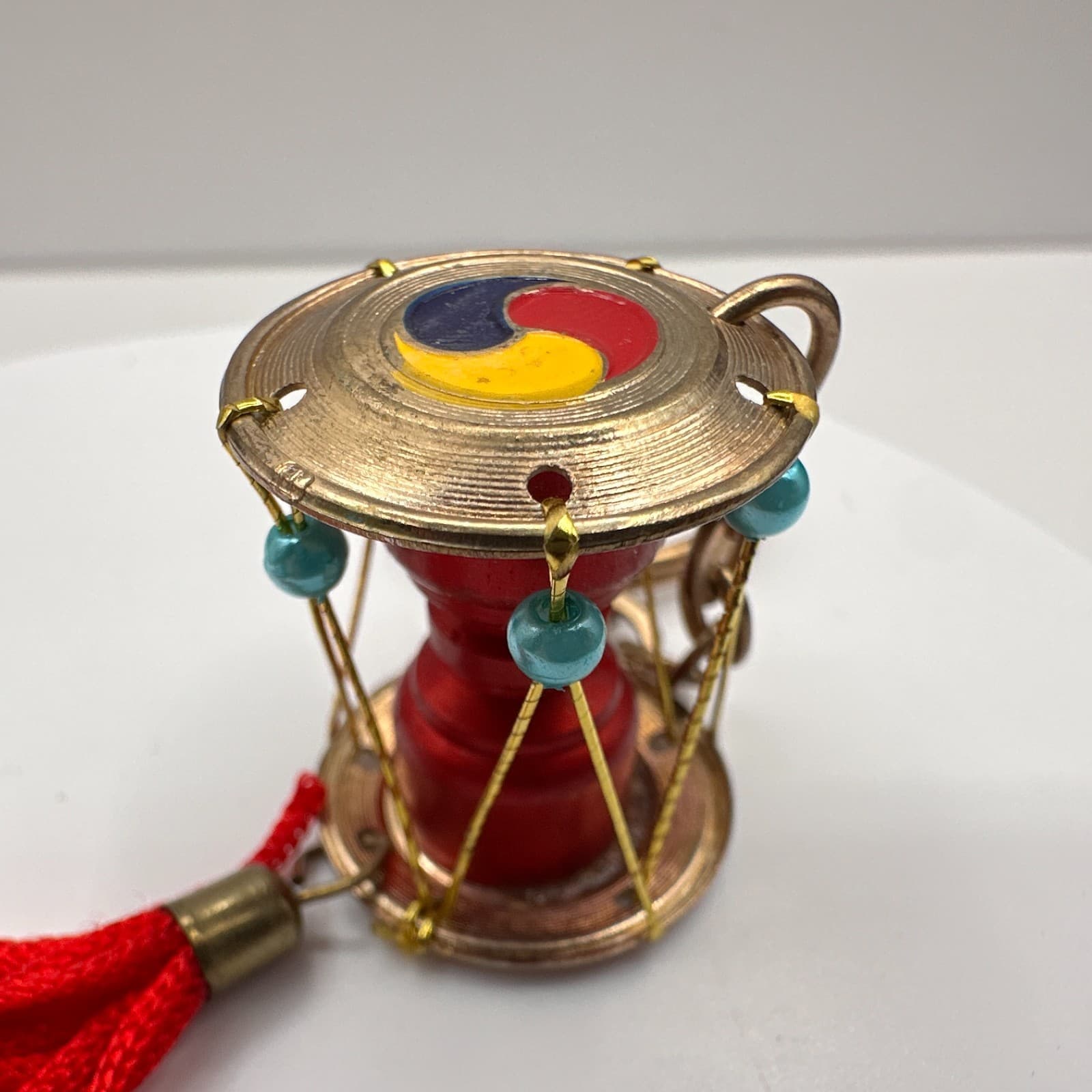 Vintage 90s Korean Janggu Drum Keychain Red Tassel Blue Bead Traditional Style - Thumbnail 6