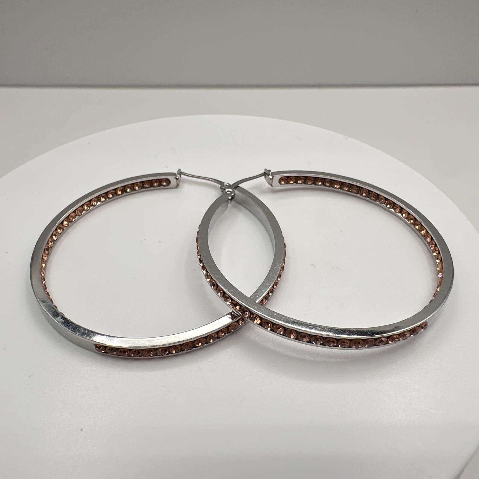 Vintage 90s Silver Tone Champagne Glass Large Hoop Earrings Fashion Jewelry - Thumbnail 2