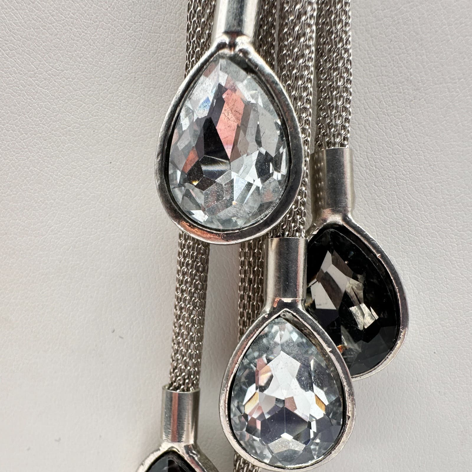 Vintage 90s Y2K Silver Tone Mesh Lariat Tassel Necklace Teardrop Glass Jewelry - Thumbnail 8