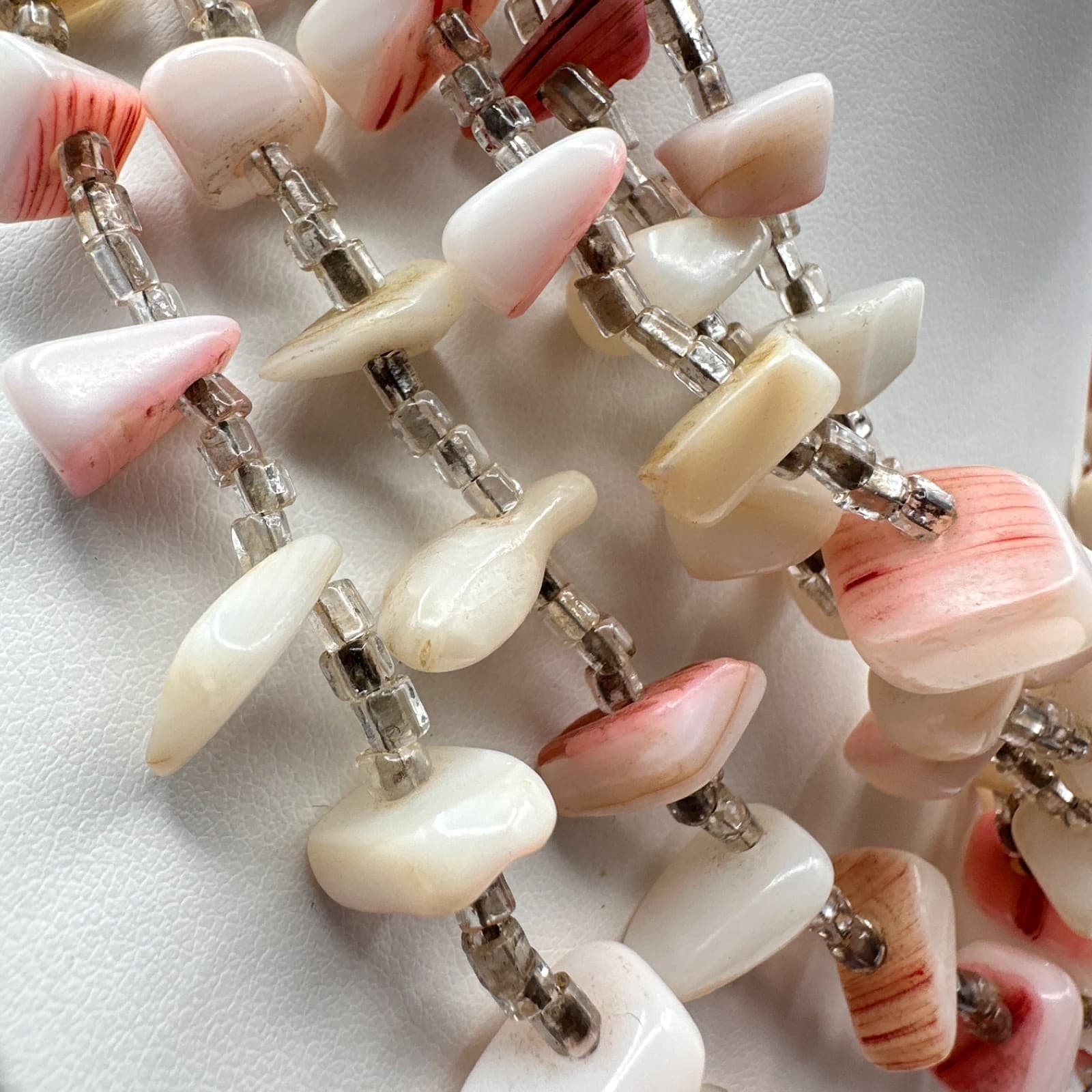 Vintage 90s Pink White Shell Beads Multi Strand Necklace Boho Beach Jewelry - Thumbnail 4