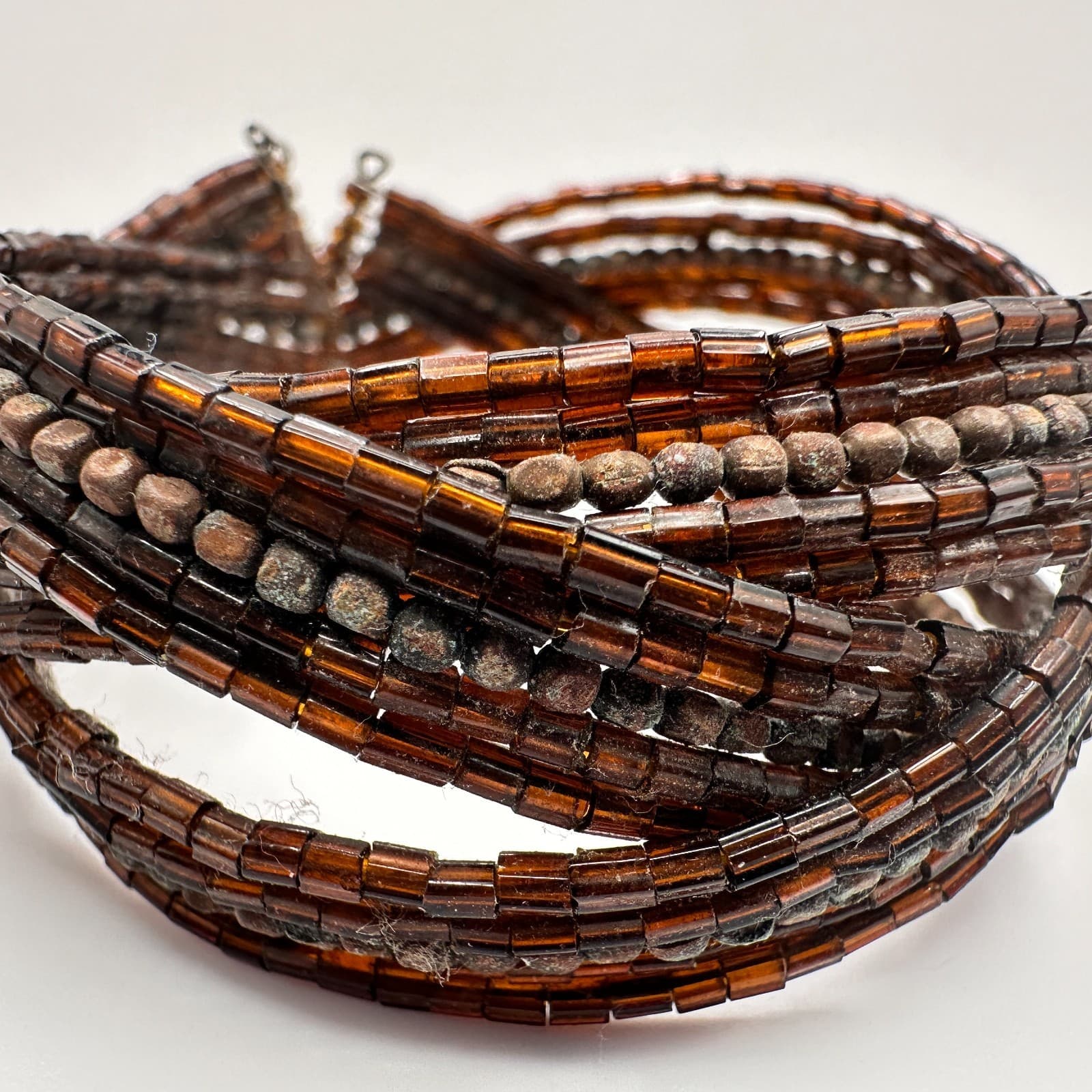 Vintage 90s Beaded Multi-Strand Cuff Bracelet Brown Seed Beads Boho Jewelry - Thumbnail 3