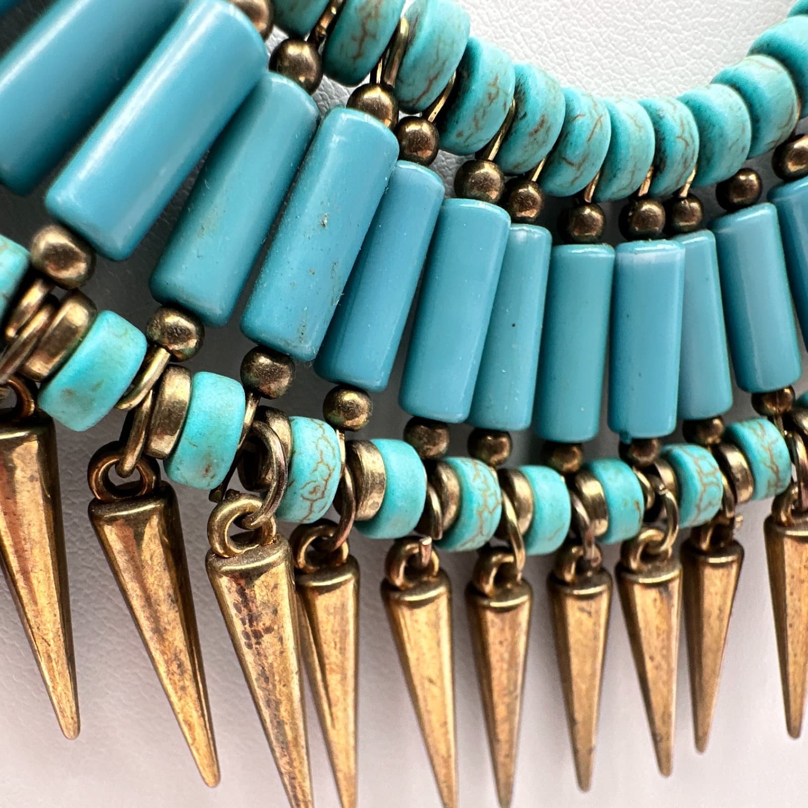 Vintage Y2K Turquoise Blue Beaded Bib Necklace Gold Spike Statement Jewelry - Thumbnail 6