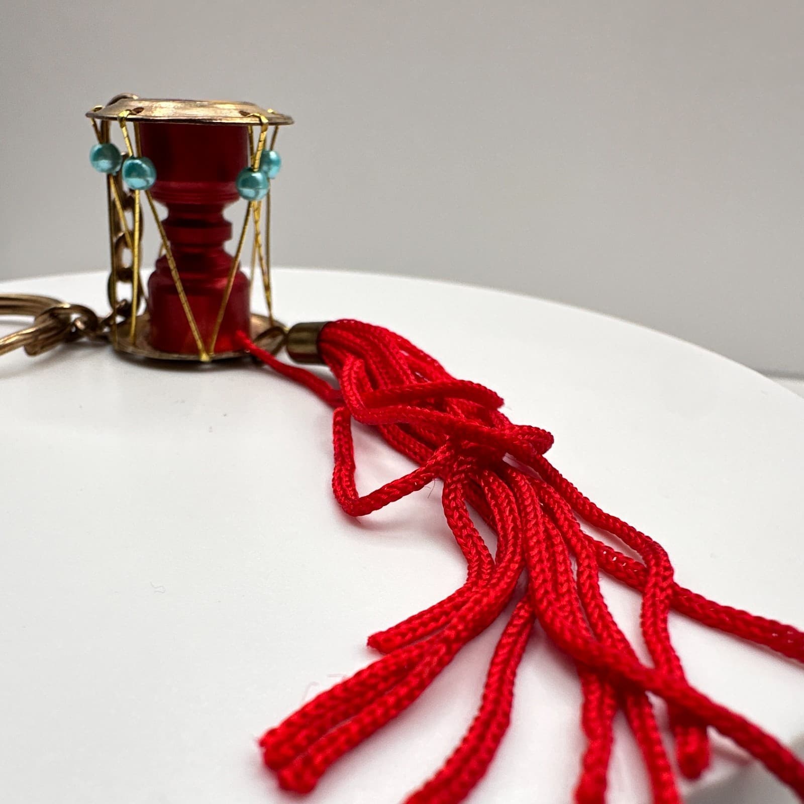 Vintage 90s Korean Janggu Drum Keychain Red Tassel Blue Bead Traditional Style - Thumbnail 4