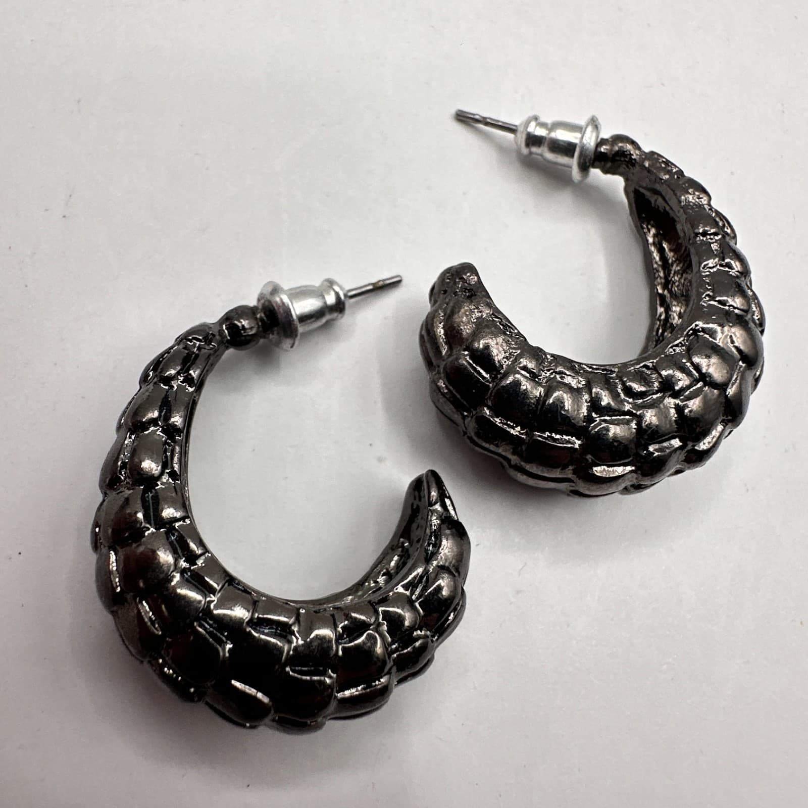 Vintage 90s Black Enamel Rhinestone Jewelry Set Silver-Tone Chunky Retro Hoop - Thumbnail 15