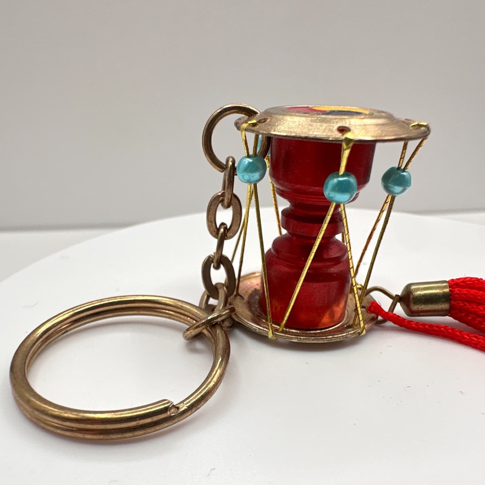 Vintage 90s Korean Janggu Drum Keychain Red Tassel Blue Bead Traditional Style - Thumbnail 3