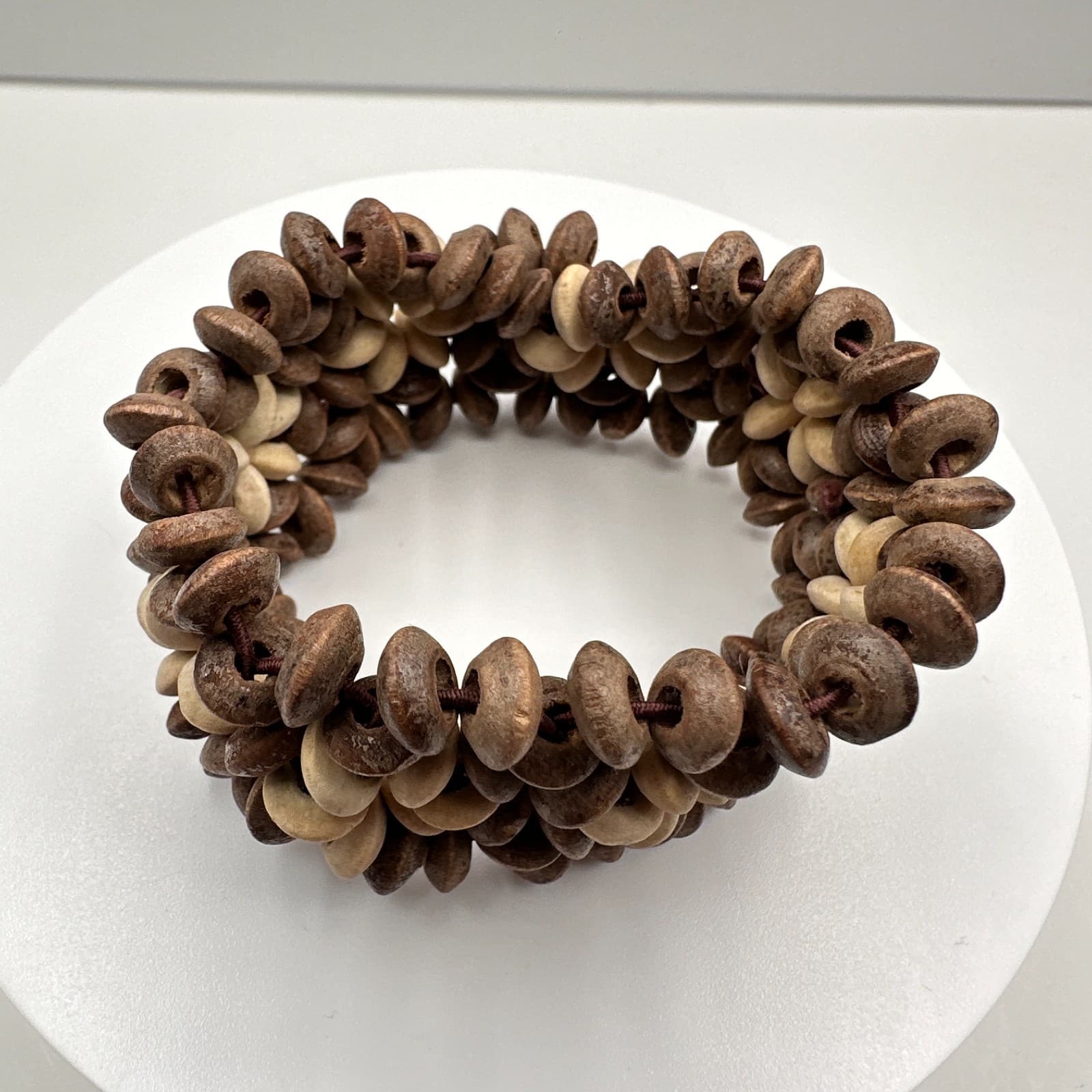 Vintage 90s Wood Bead Stretch Bracelet Floral Natural Style Boho Women's Jewelry - Thumbnail 2