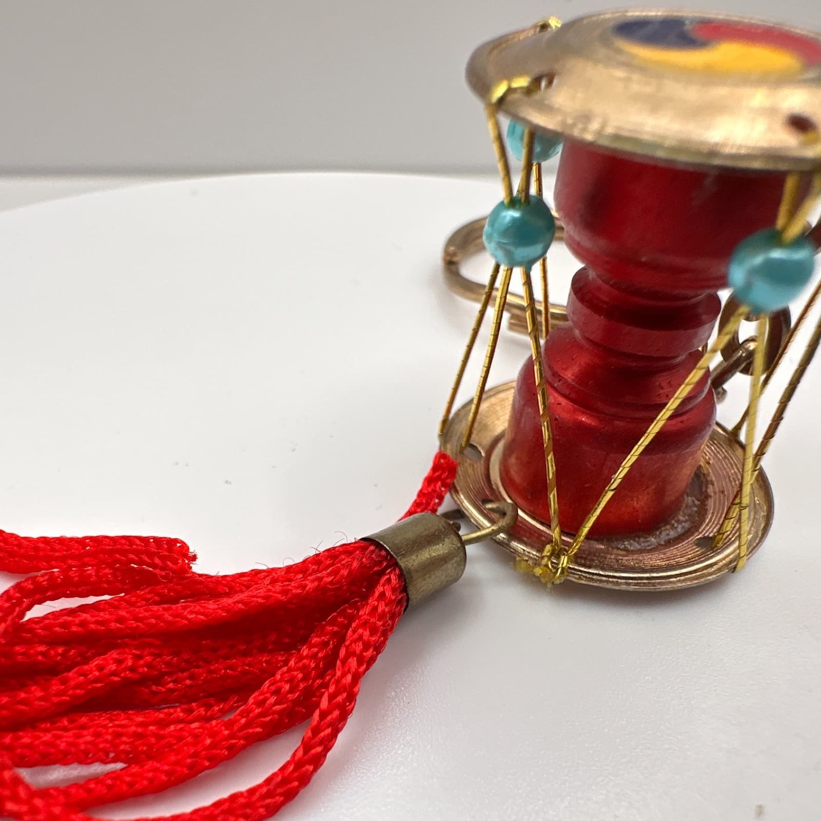 Vintage 90s Korean Janggu Drum Keychain Red Tassel Blue Bead Traditional Style - Thumbnail 7
