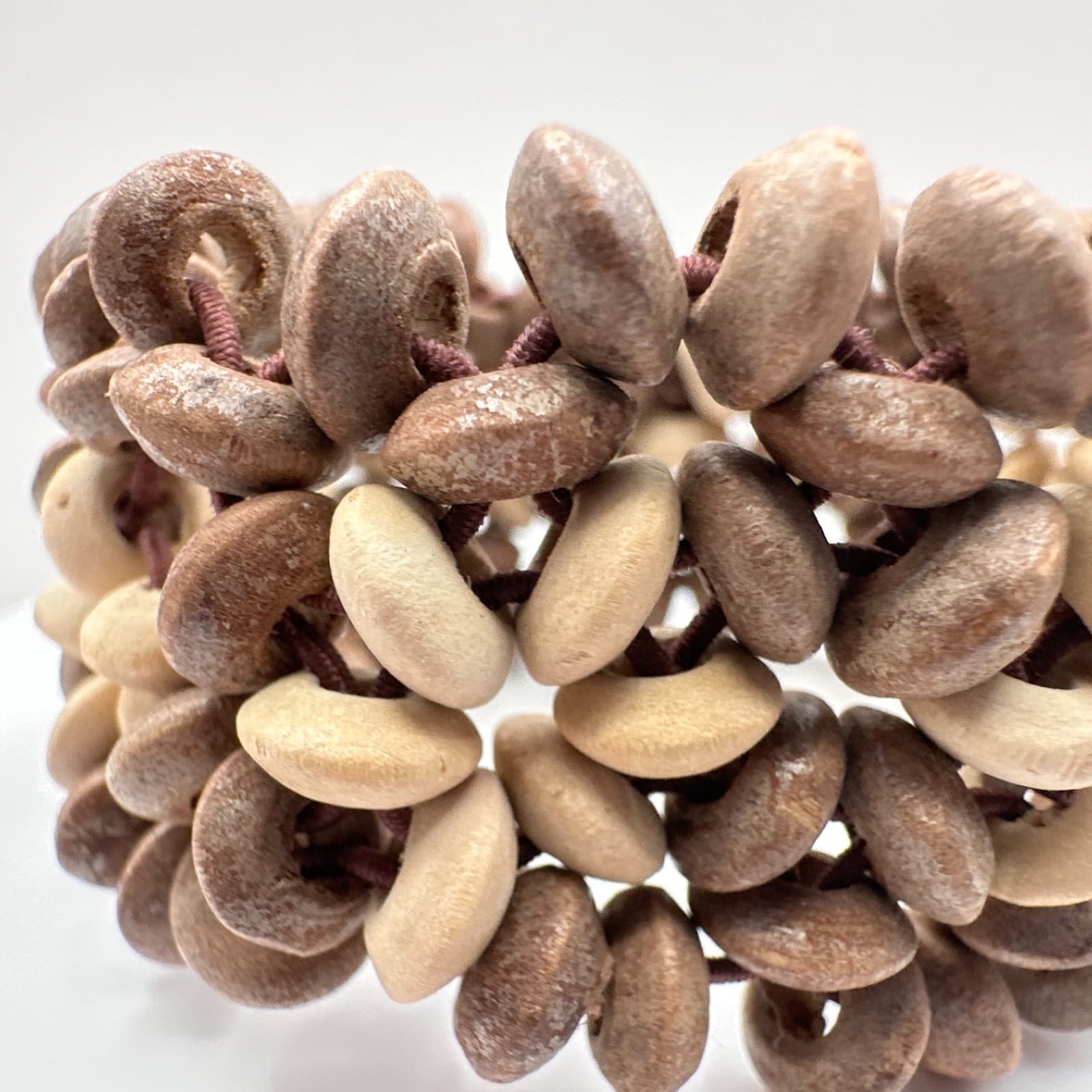 Vintage 90s Wood Bead Stretch Bracelet Floral Natural Style Boho Women's Jewelry - Thumbnail 3