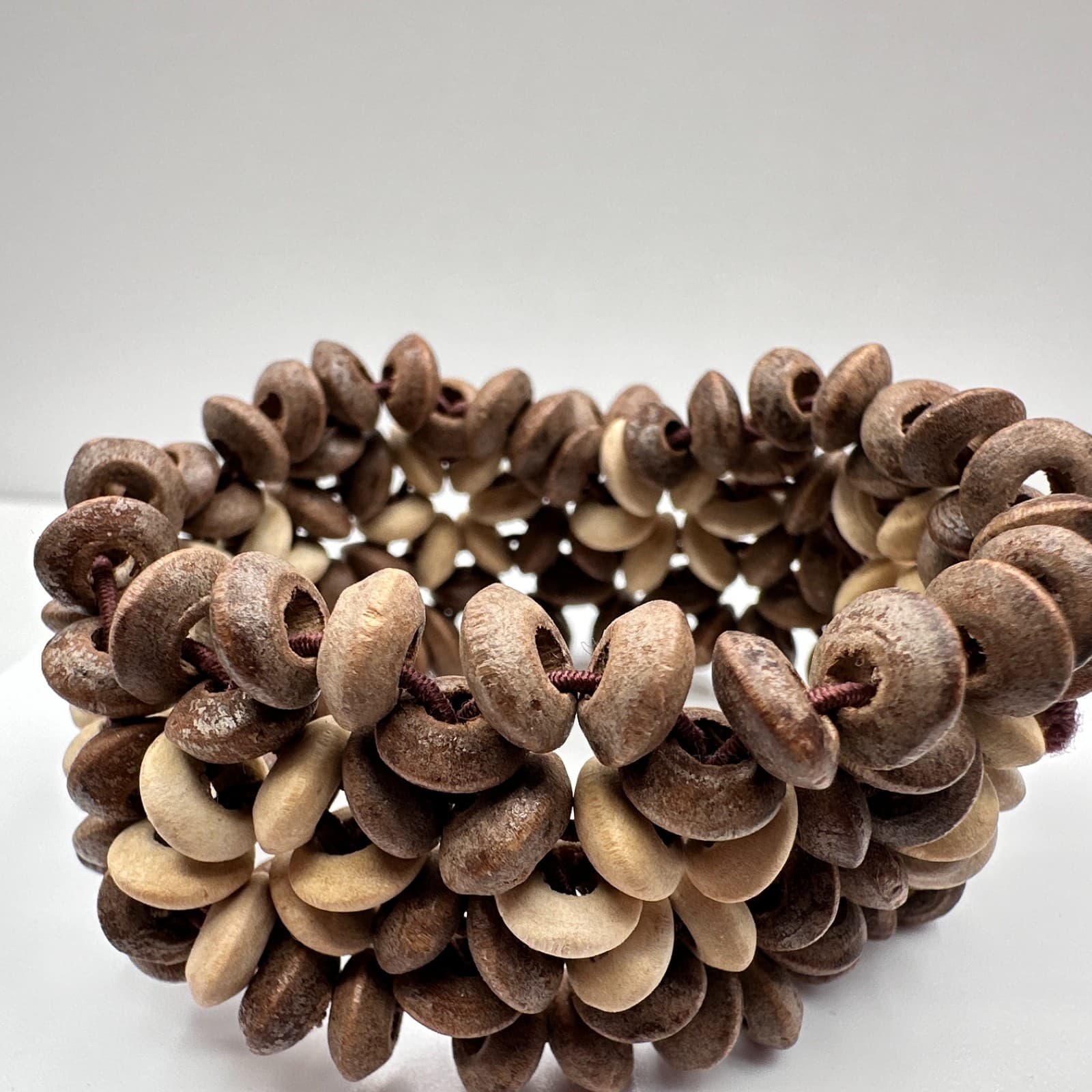 Vintage 90s Wood Bead Stretch Bracelet Floral Natural Style Boho Women's Jewelry - Thumbnail 5