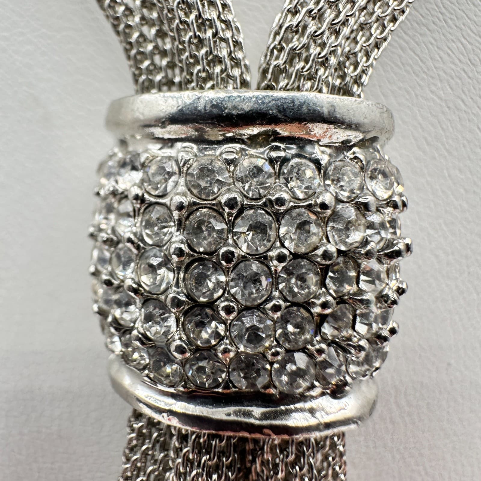 Vintage 90s Y2K Silver Tone Mesh Lariat Tassel Necklace Teardrop Glass Jewelry - Thumbnail 3