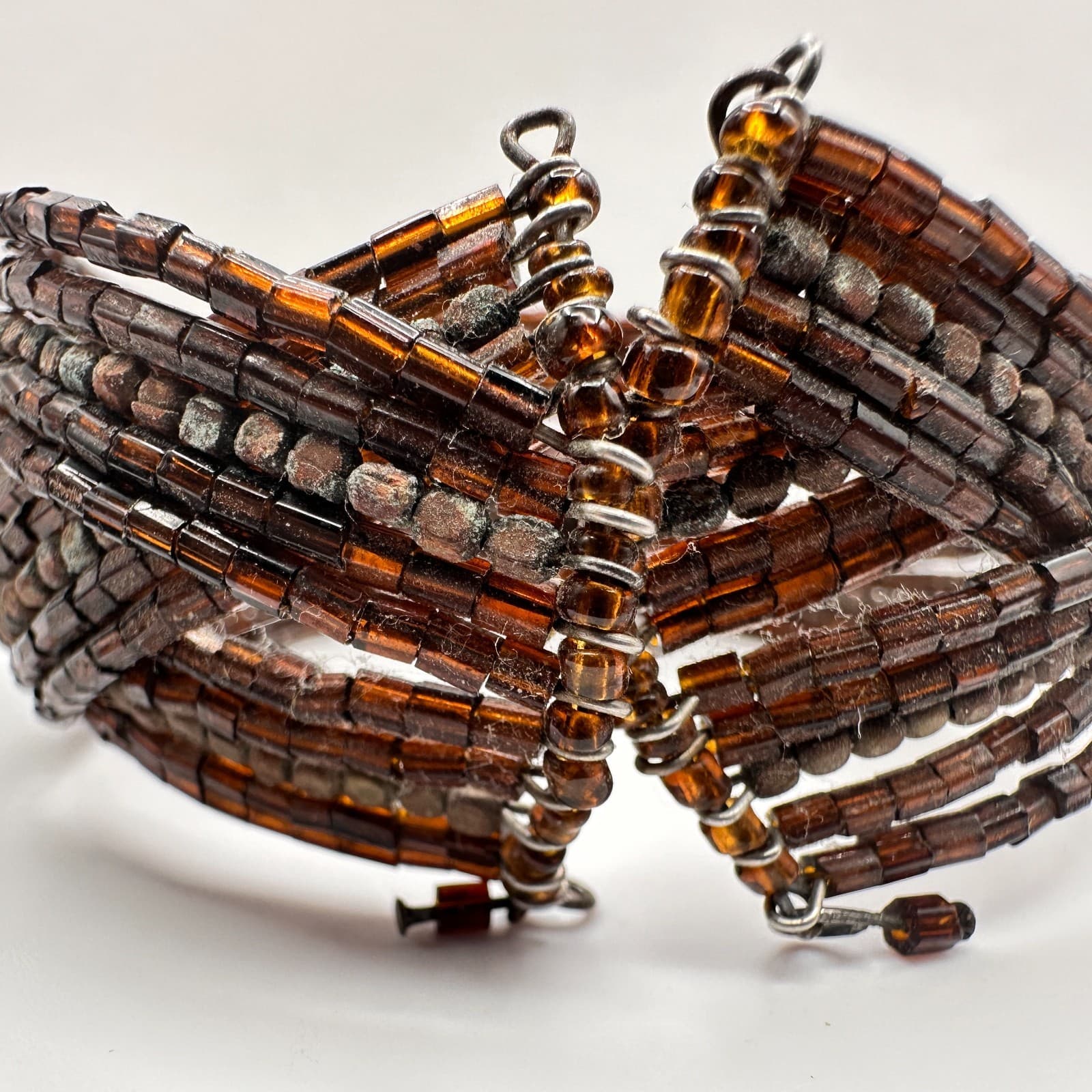 Vintage 90s Beaded Multi-Strand Cuff Bracelet Brown Seed Beads Boho Jewelry - Thumbnail 6