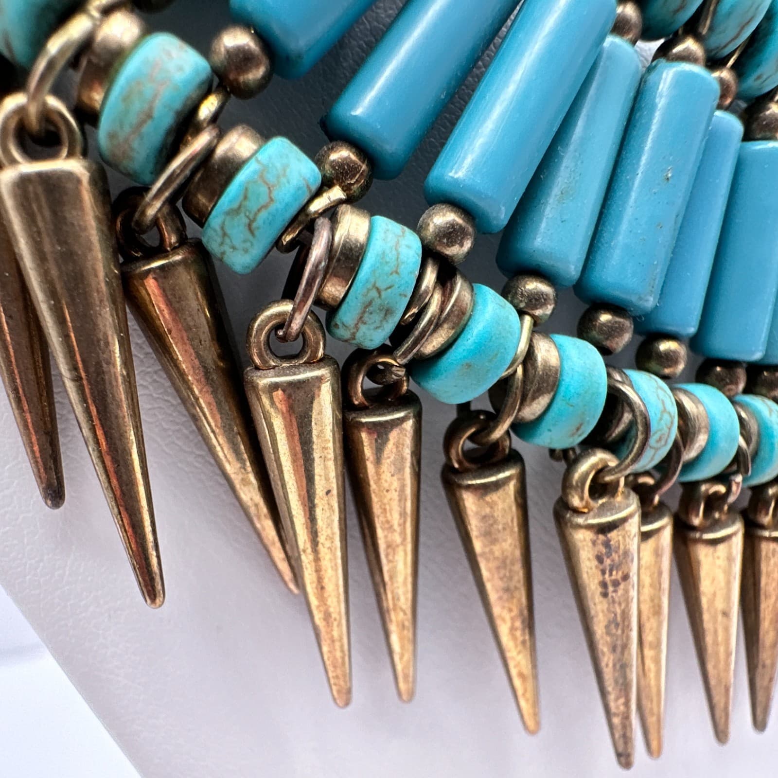 Vintage Y2K Turquoise Blue Beaded Bib Necklace Gold Spike Statement Jewelry - Thumbnail 5
