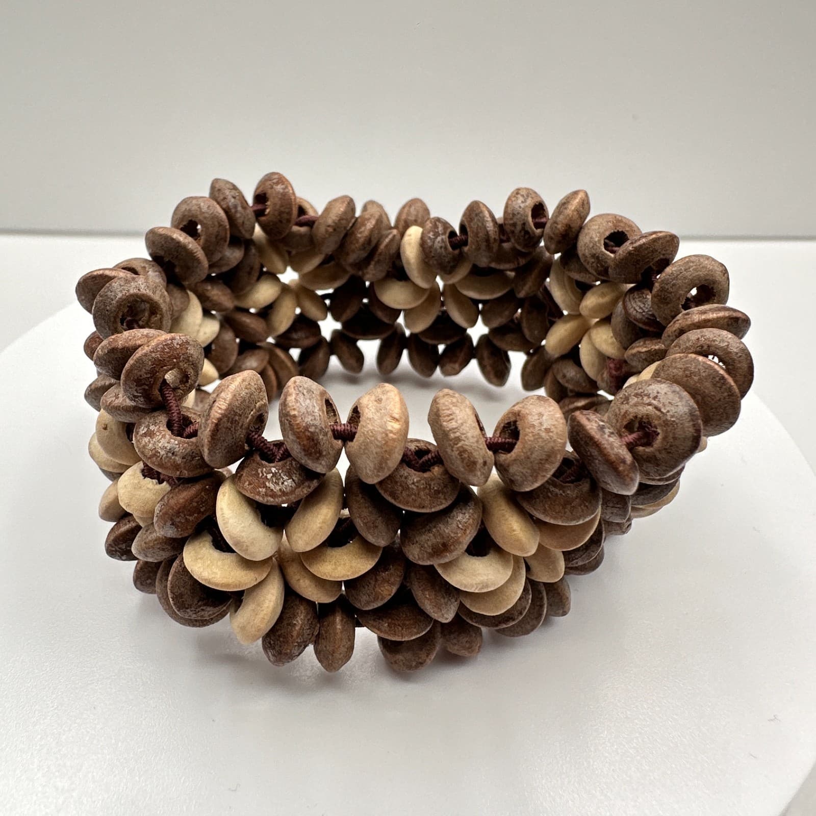 Vintage 90s Wood Bead Stretch Bracelet Floral Natural Style Boho Women's Jewelry - Image 1