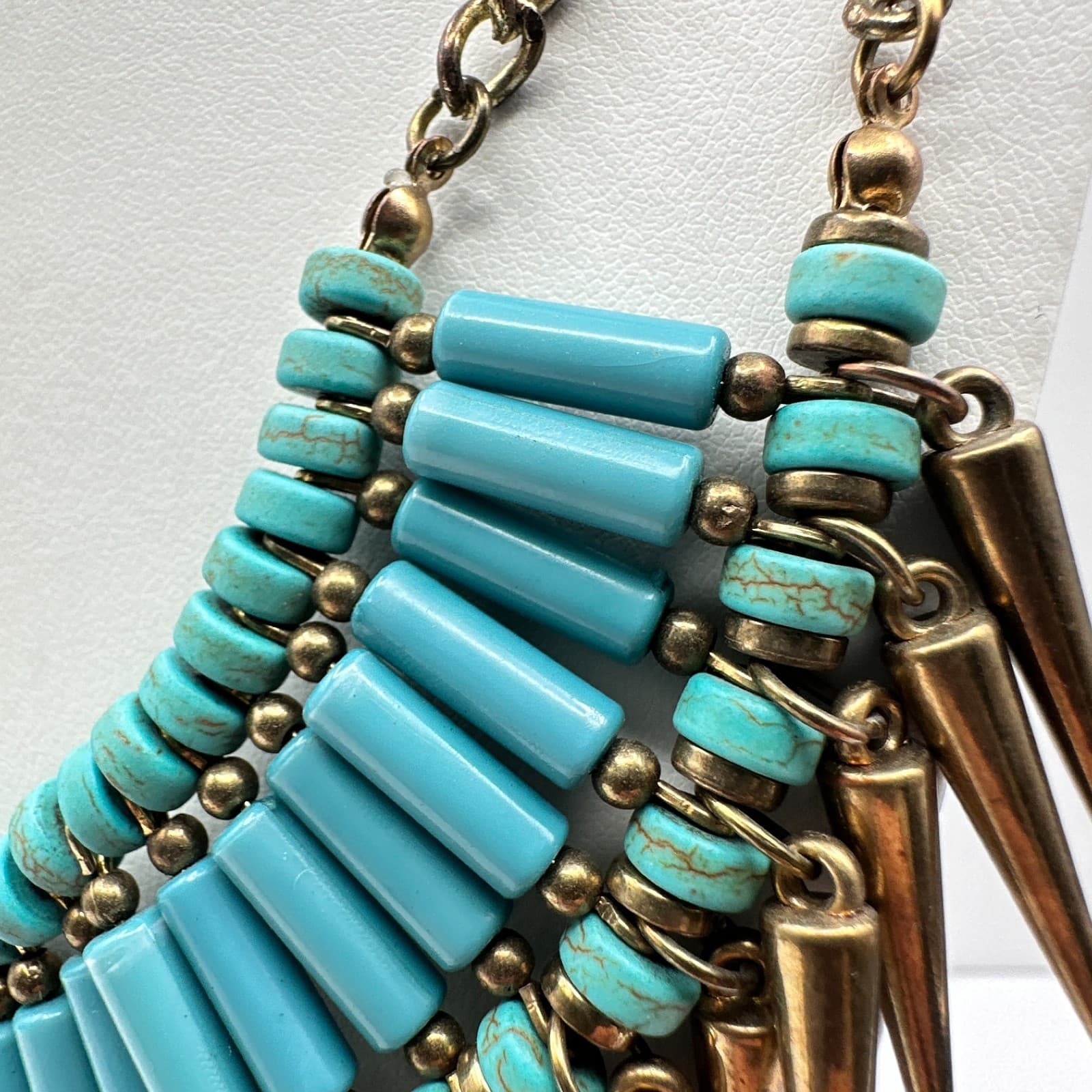 Vintage Y2K Turquoise Blue Beaded Bib Necklace Gold Spike Statement Jewelry - Thumbnail 8