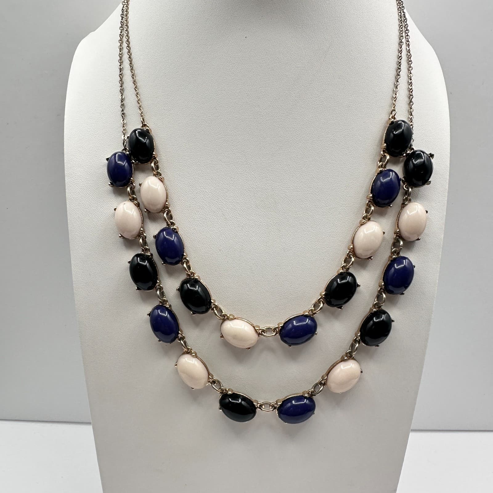 Vintage 90s Double Stand Gold Tone Cabochon Stone Necklace Retro Women's Jewelry - Thumbnail 2