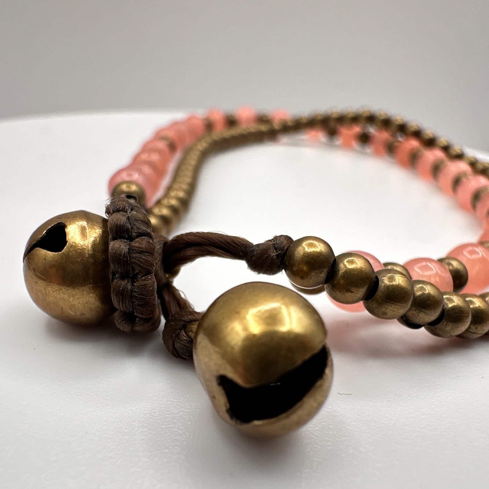 Vintage 90s Pink Quartz Stone Brass Bead Double Layer Bracelet Pendent Bells - Thumbnail 3