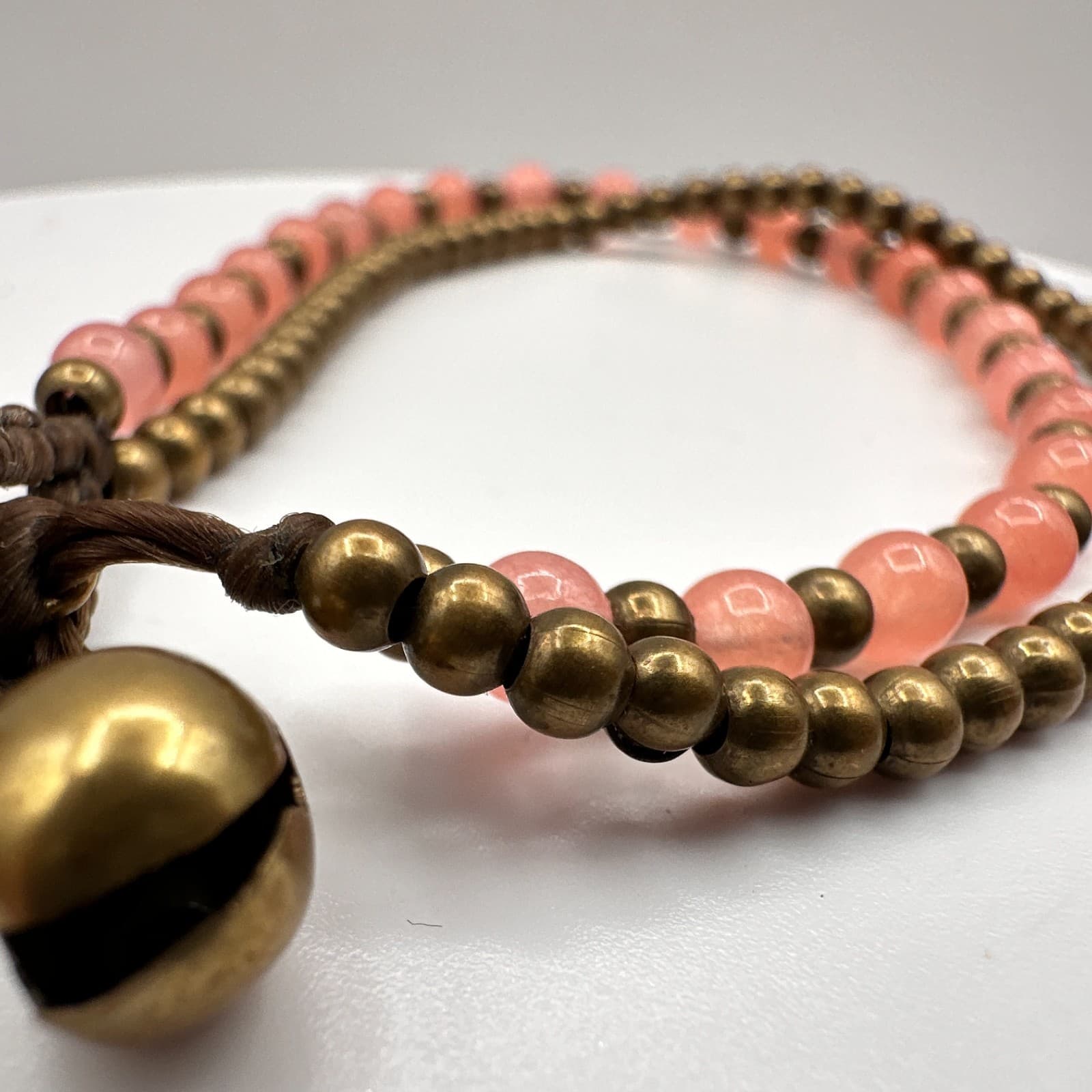 Vintage 90s Pink Quartz Stone Brass Bead Double Layer Bracelet Pendent Bells - Thumbnail 4