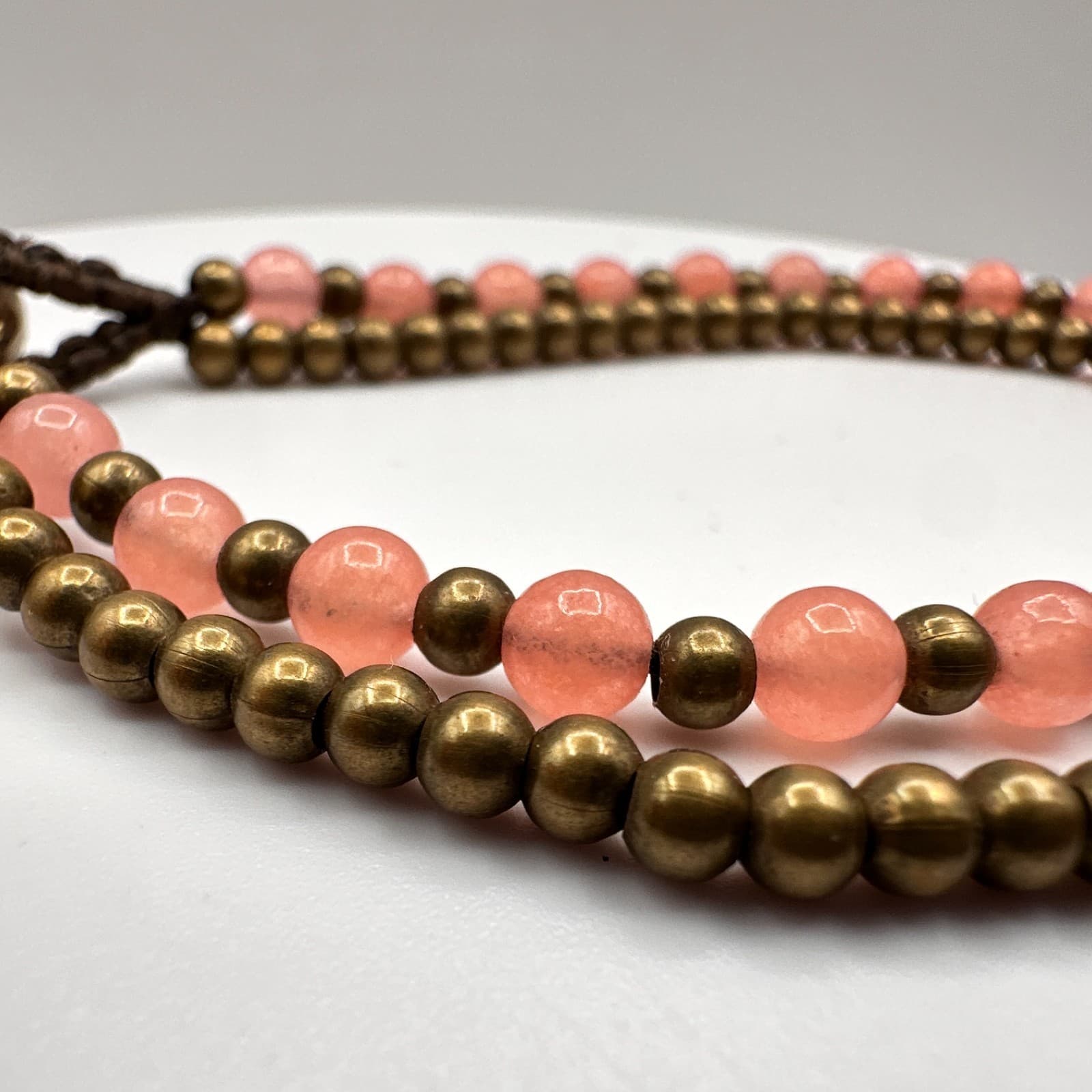 Vintage 90s Pink Quartz Stone Brass Bead Double Layer Bracelet Pendent Bells - Thumbnail 5