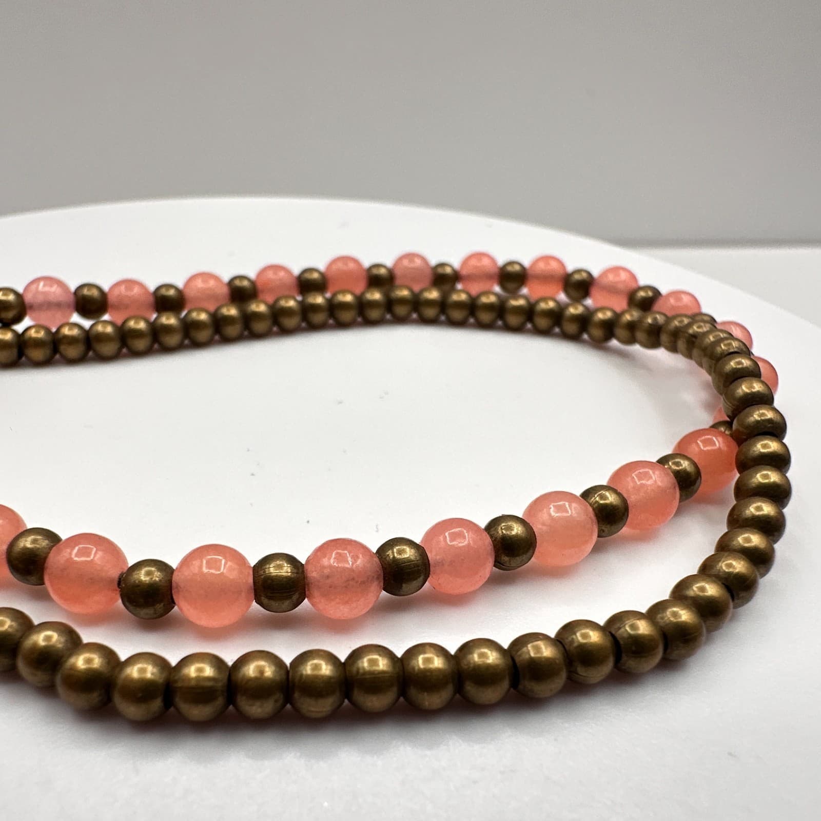 Vintage 90s Pink Quartz Stone Brass Bead Double Layer Bracelet Pendent Bells - Thumbnail 6