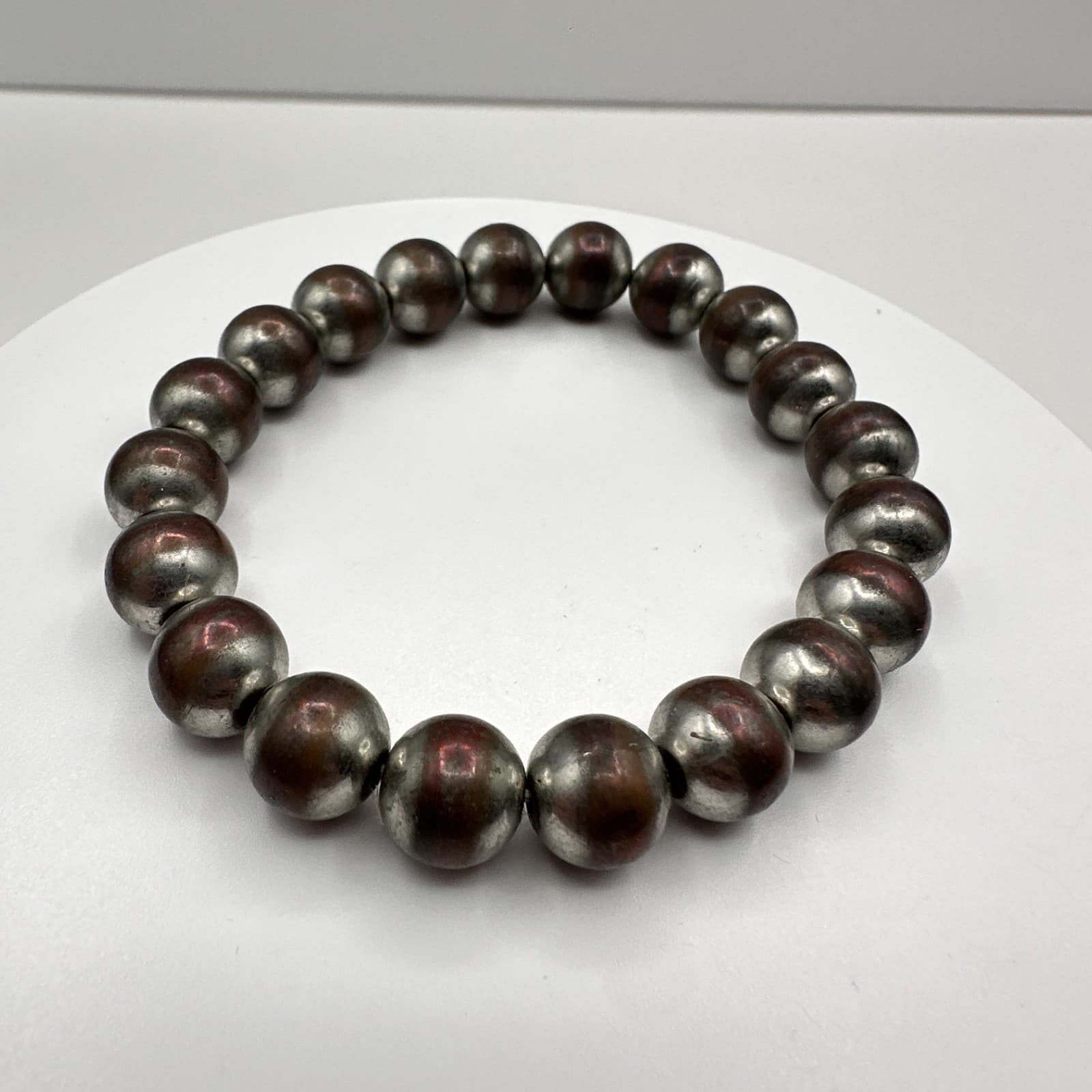 Vintage 90s Silver Tone Beaded Stretch Bracelet Boho Statement Women's Jewelry - Image 1