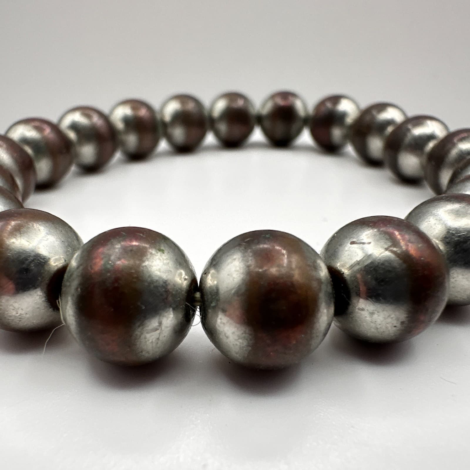 Vintage 90s Silver Tone Beaded Stretch Bracelet Boho Statement Women's Jewelry - Thumbnail 4
