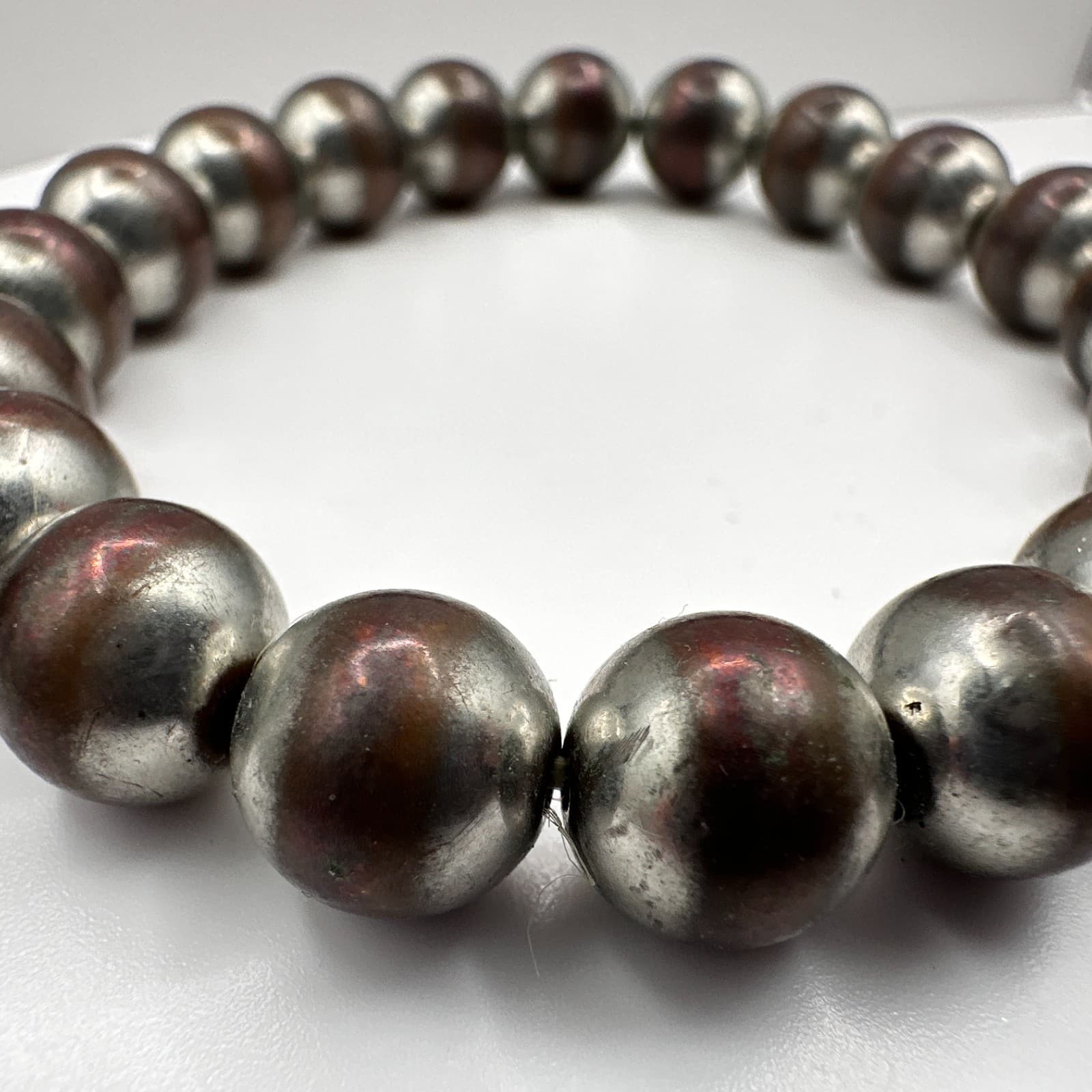Vintage 90s Silver Tone Beaded Stretch Bracelet Boho Statement Women's Jewelry - Thumbnail 6