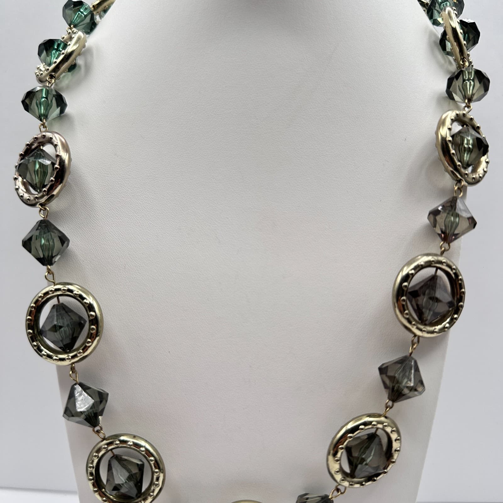 Vintage Y2K Grey Crystal Geometric Necklace Gold Tone Chunky Women's Jewelry - Thumbnail 5