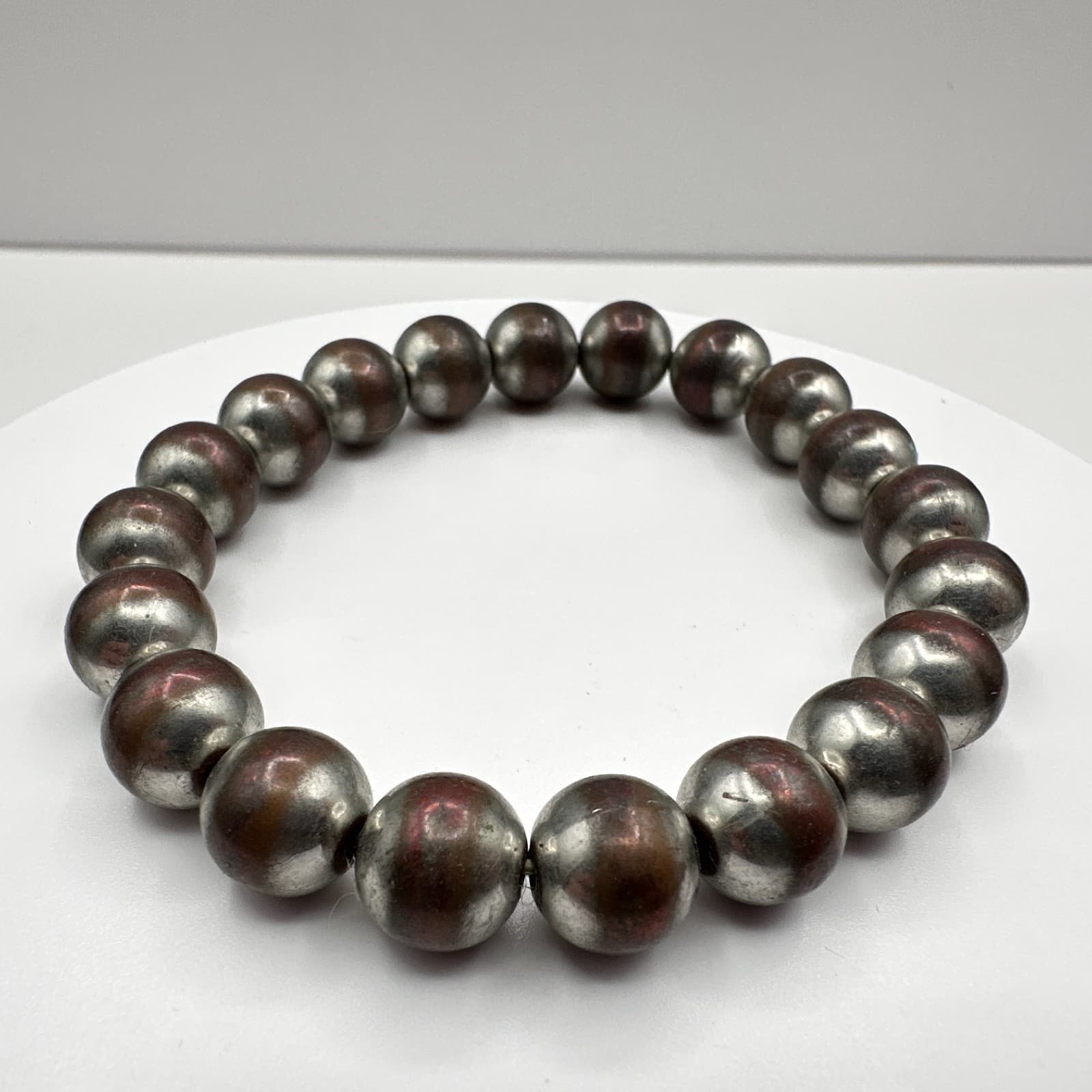 Vintage 90s Silver Tone Beaded Stretch Bracelet Boho Statement Women's Jewelry - Thumbnail 7