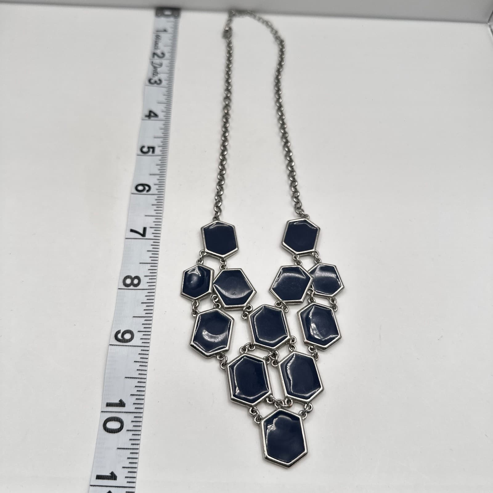 Vintage 90s Geometric Navy Blue Enamel Bib Necklace Silver Tone Hexagon Jewelry - Thumbnail 10