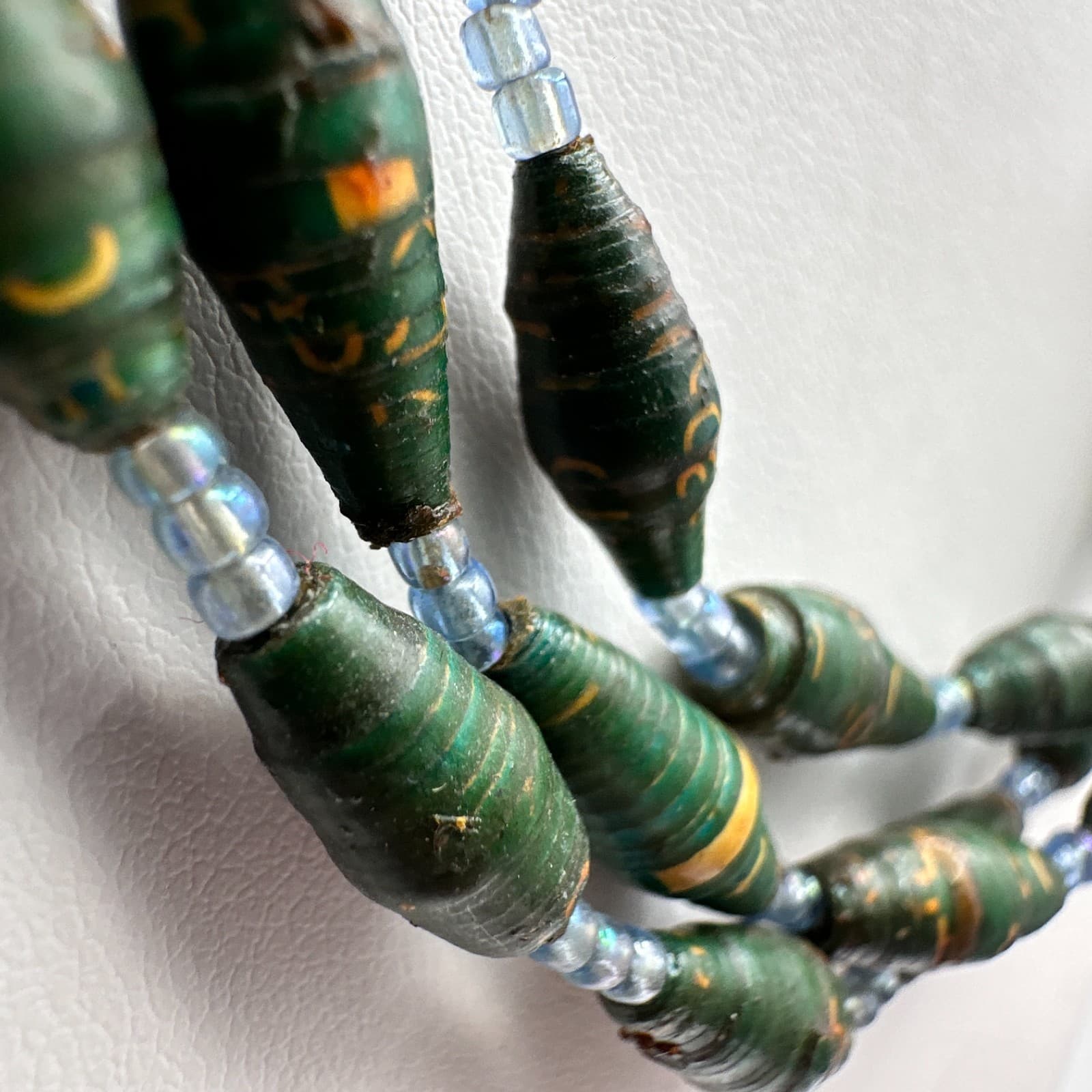 Vintage 90s Boho Multi-Strand Paper Bead Necklace Green Blue Statement Jewelry - Thumbnail 4