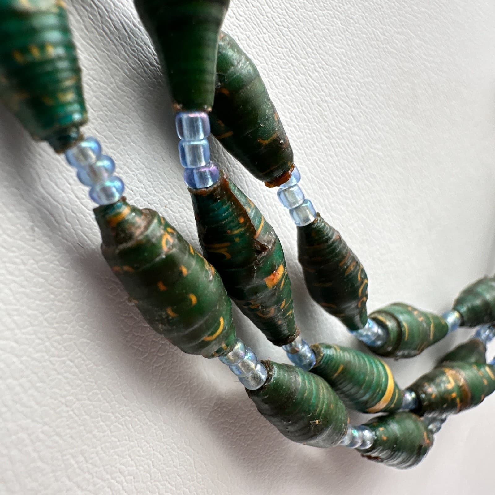 Vintage 90s Boho Multi-Strand Paper Bead Necklace Green Blue Statement Jewelry - Thumbnail 3