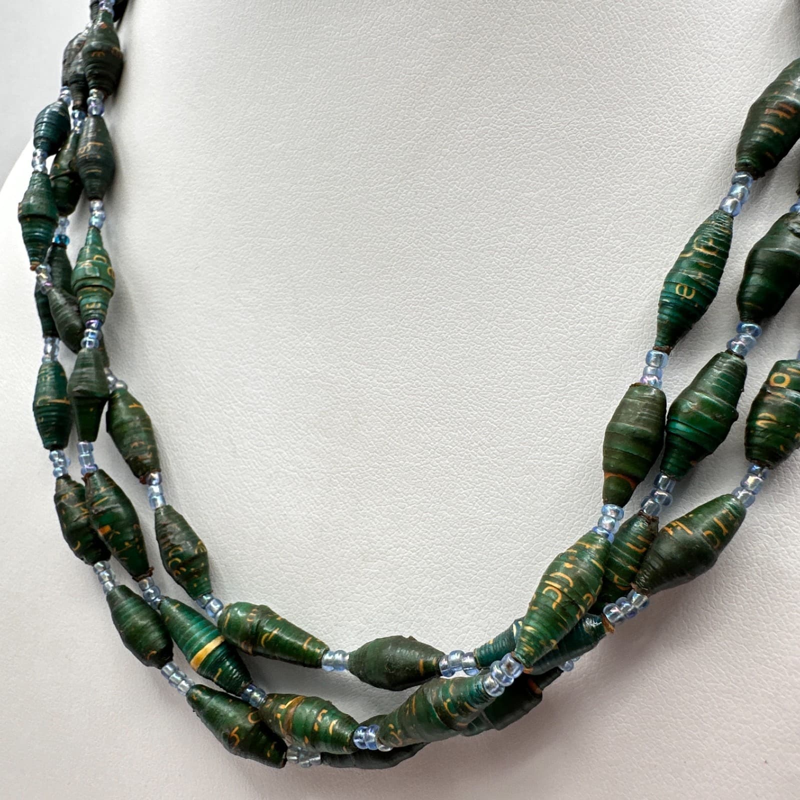 Vintage 90s Boho Multi-Strand Paper Bead Necklace Green Blue Statement Jewelry - Thumbnail 6