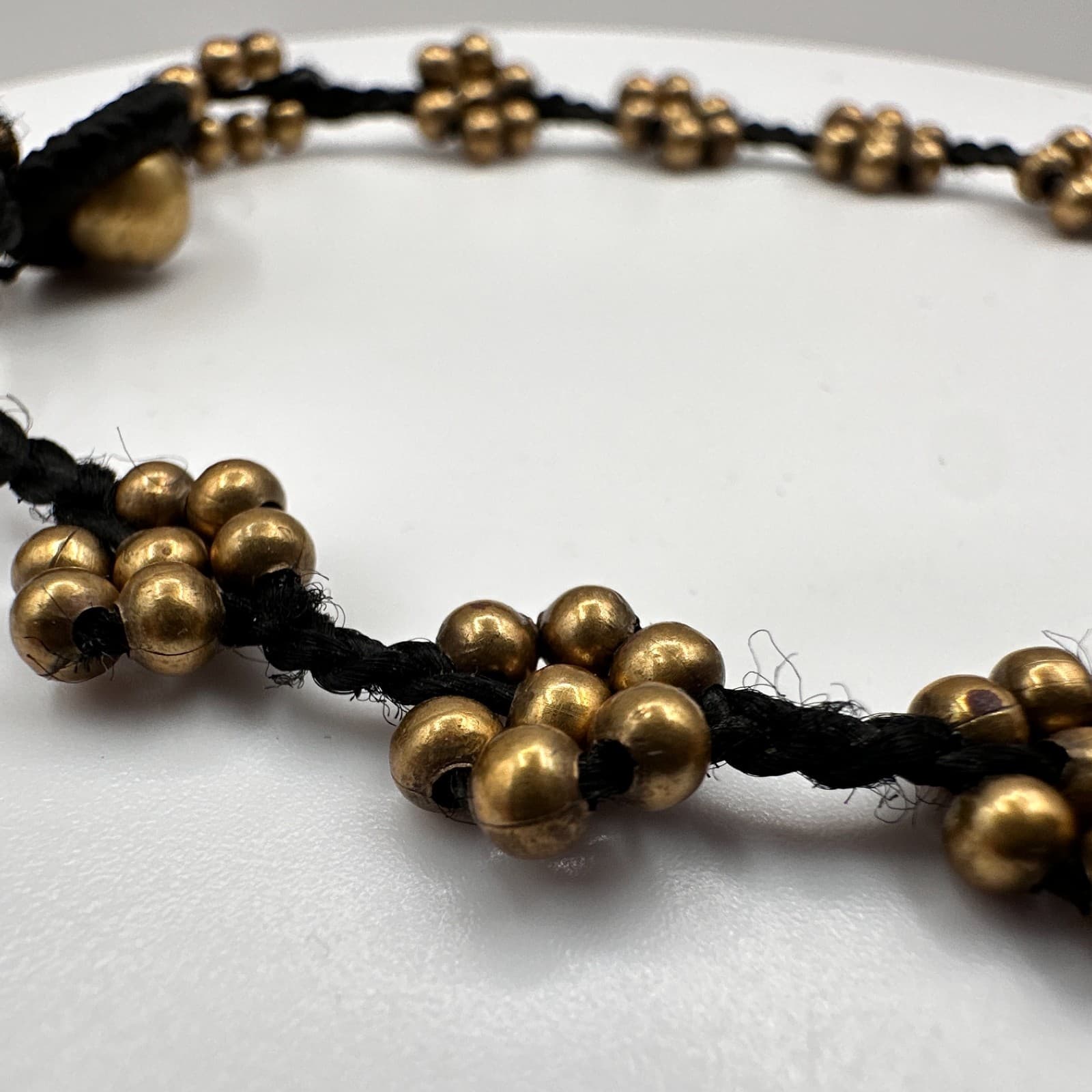 Vintage 90s Brass Flower Bead Bracelet Anklet Black Cord Boho Ghungroo Bell - Thumbnail 4