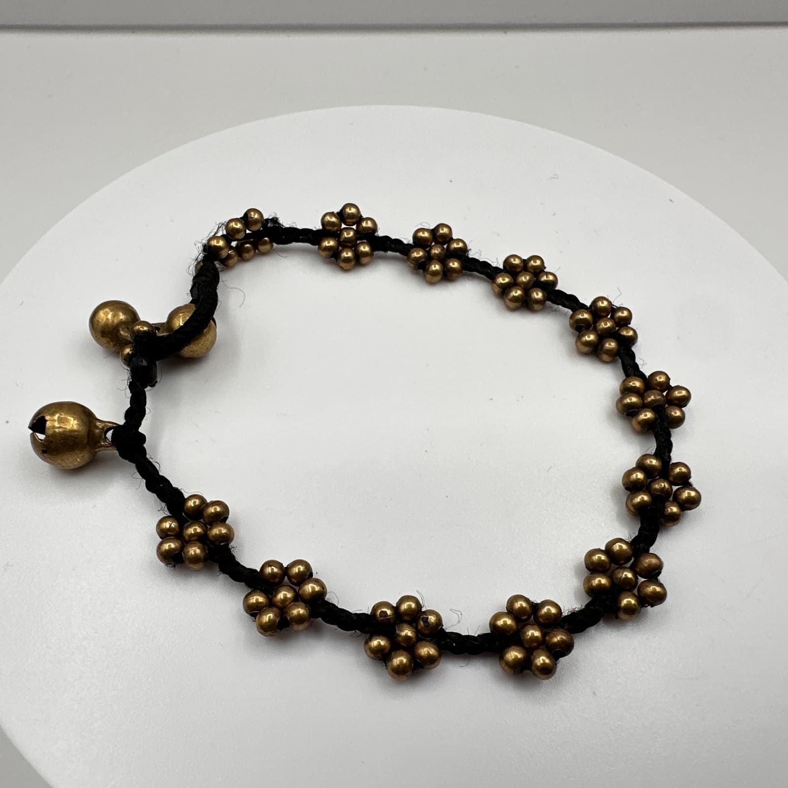Vintage 90s Brass Flower Bead Bracelet Anklet Black Cord Boho Ghungroo Bell - Thumbnail 7