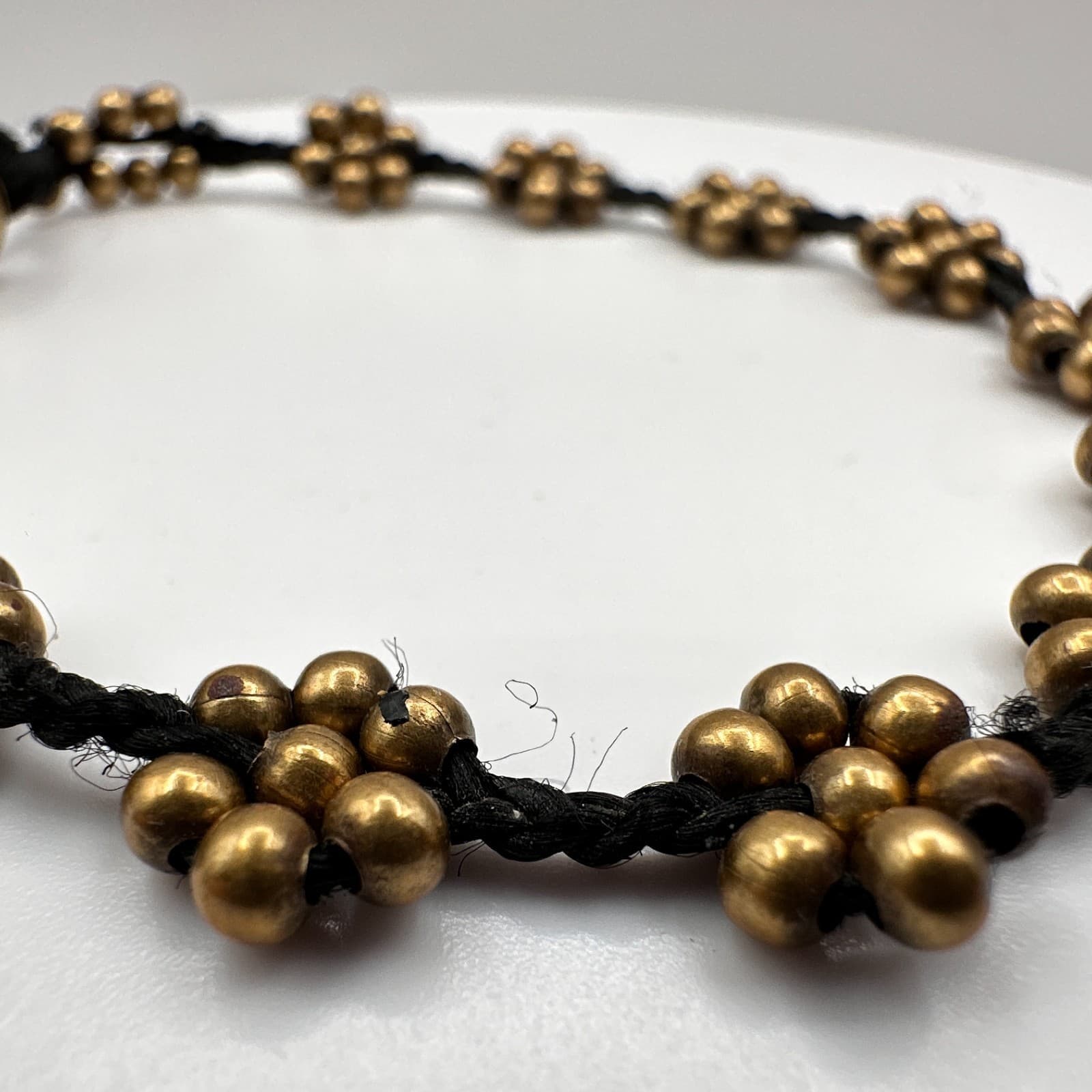 Vintage 90s Brass Flower Bead Bracelet Anklet Black Cord Boho Ghungroo Bell - Thumbnail 5
